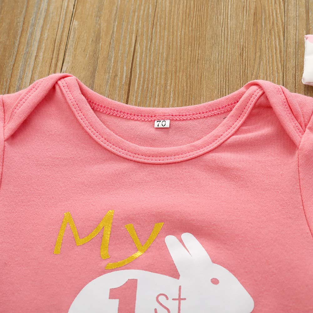 Lamuusaa Newborn Baby Girls Easter Outfits My 1st Easter Romper Bodysuit Heart Bunny Pants Headband 3Pcs Clothes Set (Pink, 9-12M)