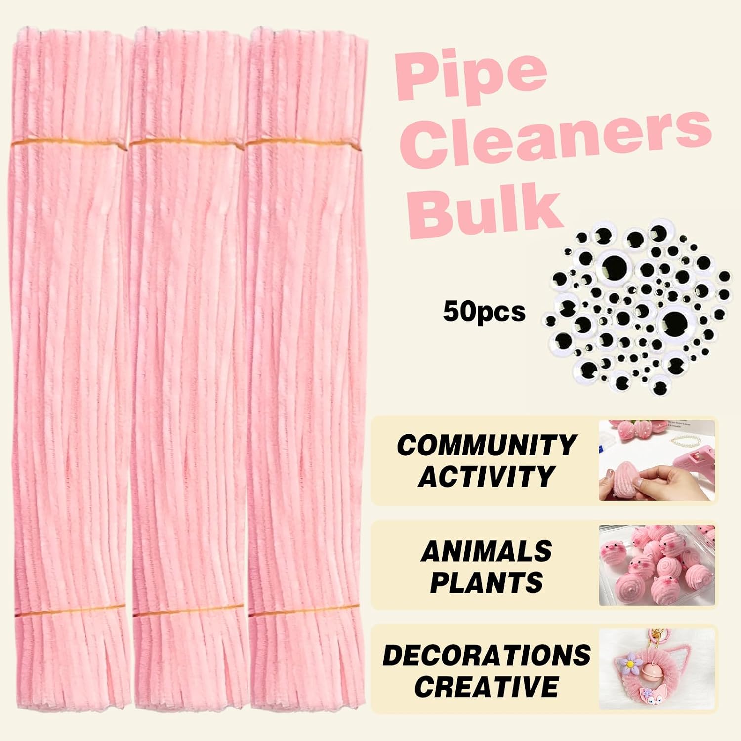 URSDIART Light Pink Pipe Cleaners, 350pcs Chenille Stems & Googly Eyes