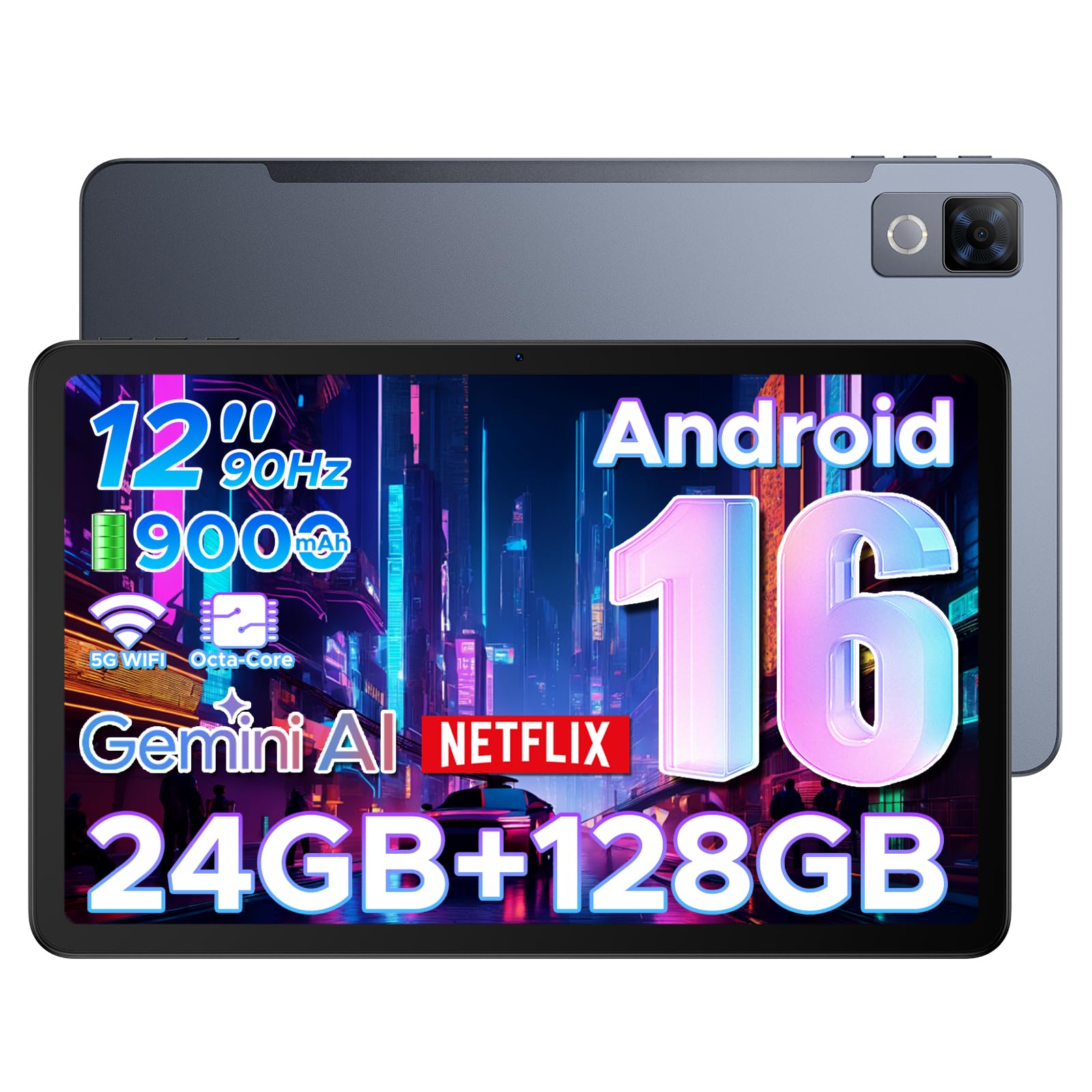 DOOGEE U12 Tablet 12 Pollici, Tablets Android 16, 90Hz 2000*1200 24GB RAM+128GB ROM/TF 2TB, Octa-Core PC, 5G WiFi/9000mAh/Gemini AI/Widevine L1/13MP+8MP/OTG/BT5/FACE ID/Doppi altoparlanti/3.5mm Jack