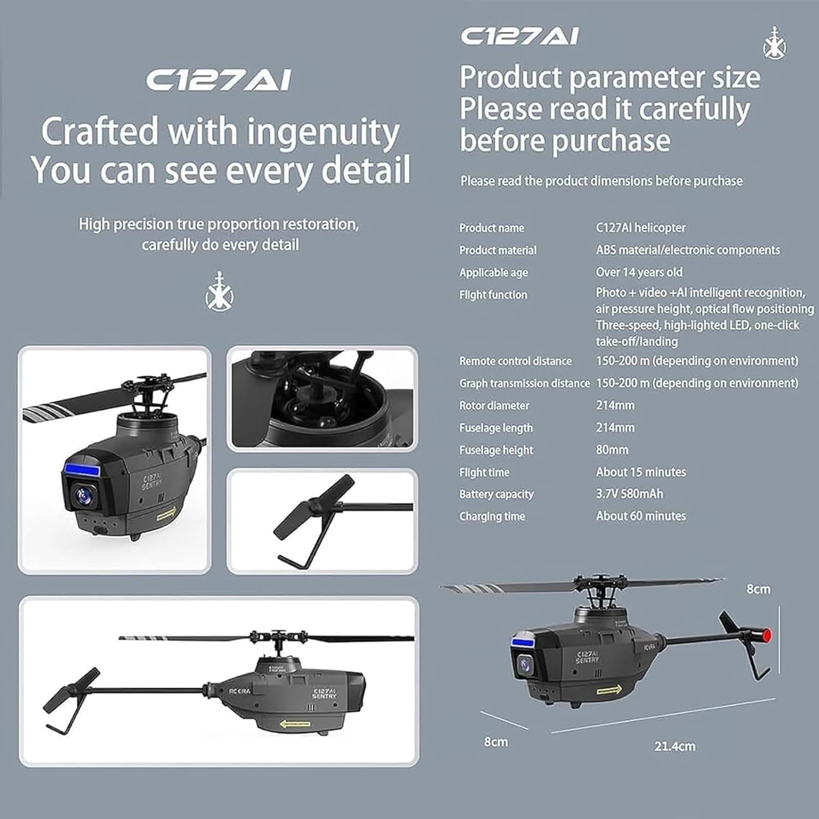 C127AI Scout Drone RC Helicopter z kamerą 1080P dla dorosłych, 2.4G 4CH zdalnie sterowany helikopter z 6-osiowym żyroskopem optycznym pozycjonowaniem przepływu,2 batteries