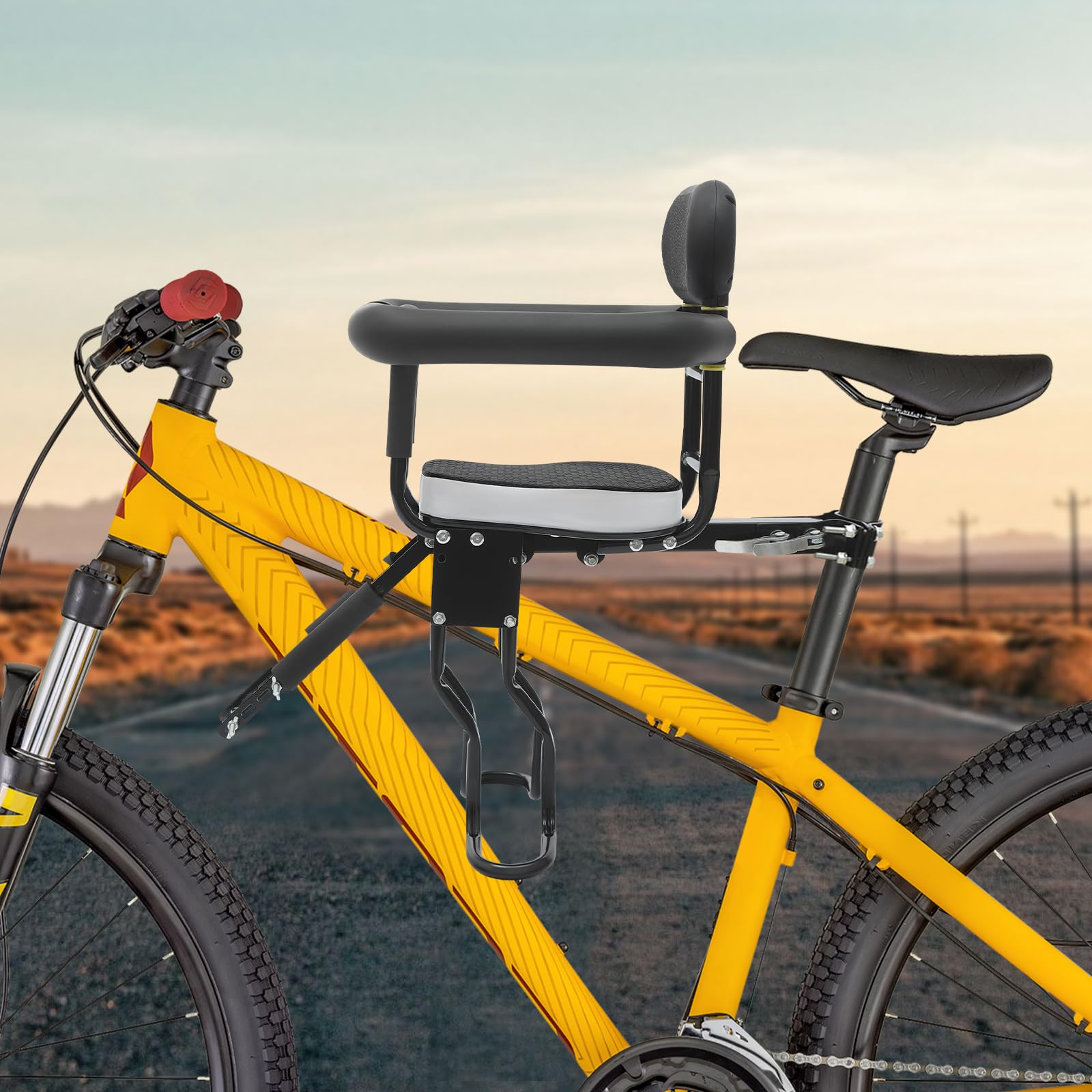 Seggiolino anteriore per bicicletta, sedile per bicicletta con braccioli e poggiapiedi, supporto di sicurezza per bicicletta con doppio fissaggio, sponda di protezione rimovibile, poggiapiedi