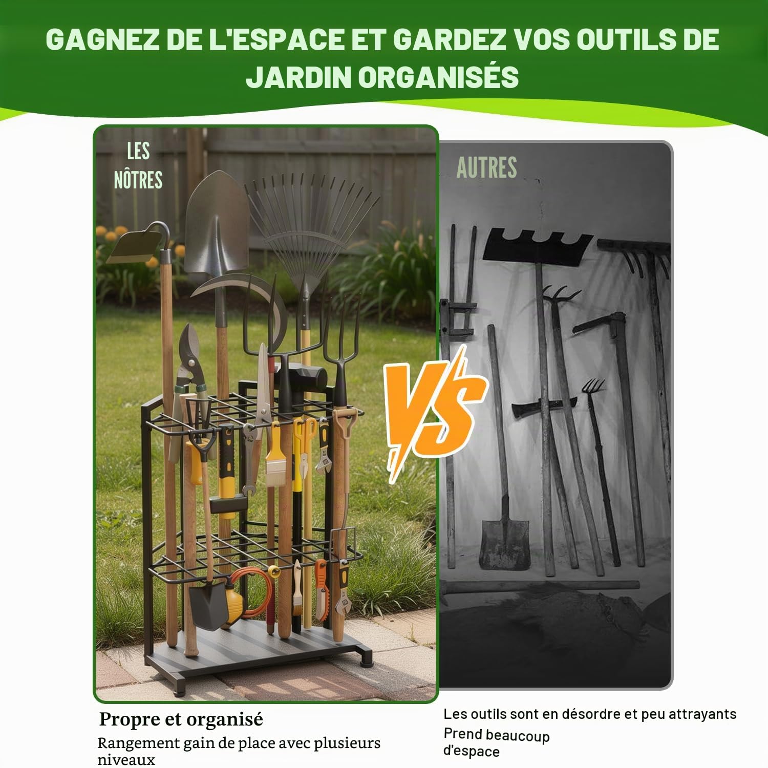 Organisateur d'outils de jardin avec crochets, étagère de rangement, rangement d'outils de jardin pour garage, abri de jardin, cour