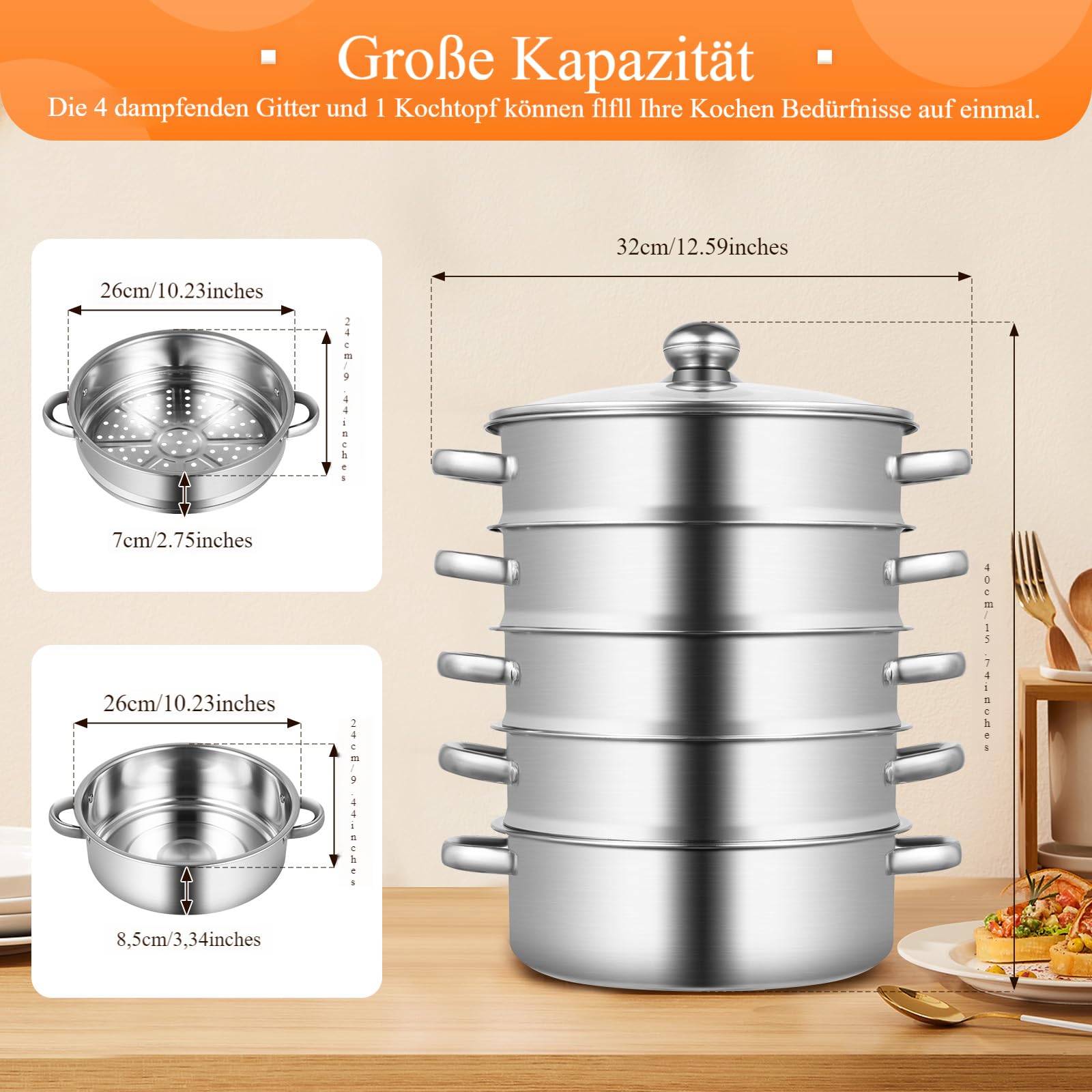 Cuocere a vapore a 5 strati, multifunzione, in acciaio inox, con coperchio in vetro, 26 cm, in acciaio inox, per tutti i piani cottura, come ad induzione, elettroceramica, elettrico