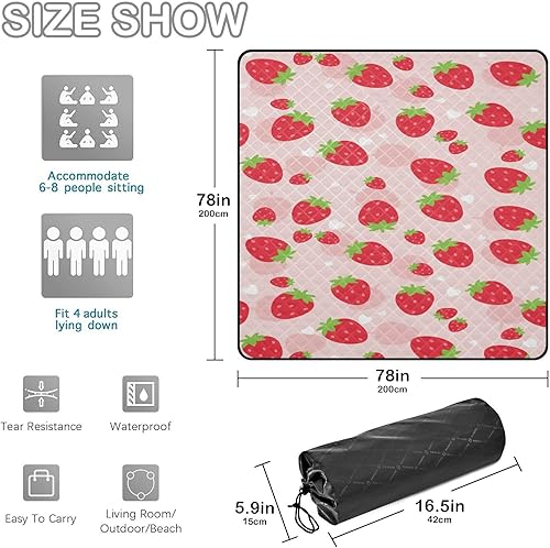Miniatura 3 de Manta de picnic extragrande Kawaii con diseño de fresa, impermeable, a prueba de arena, portátil, plegable, para campamento, viajes, senderismo,