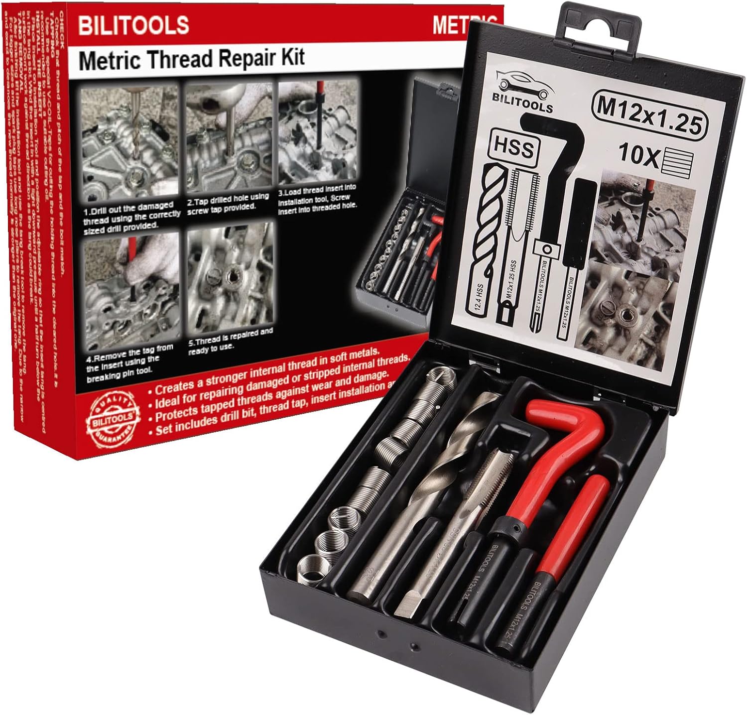 BILITOOLS M12x1.25 Thread Repair Kit, HSS Drill Helicoil