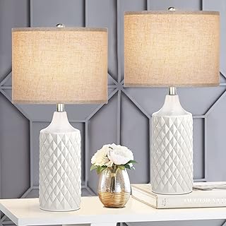 White Ceramic Table Lamps for bedrooms Set of 2, Coastal Ceramic Bedside Lamps for Living Room End Table 3-Color Temperature Farmhouse Bedroom Nightstand Lamps with Lampshades, LED Bulbs Included