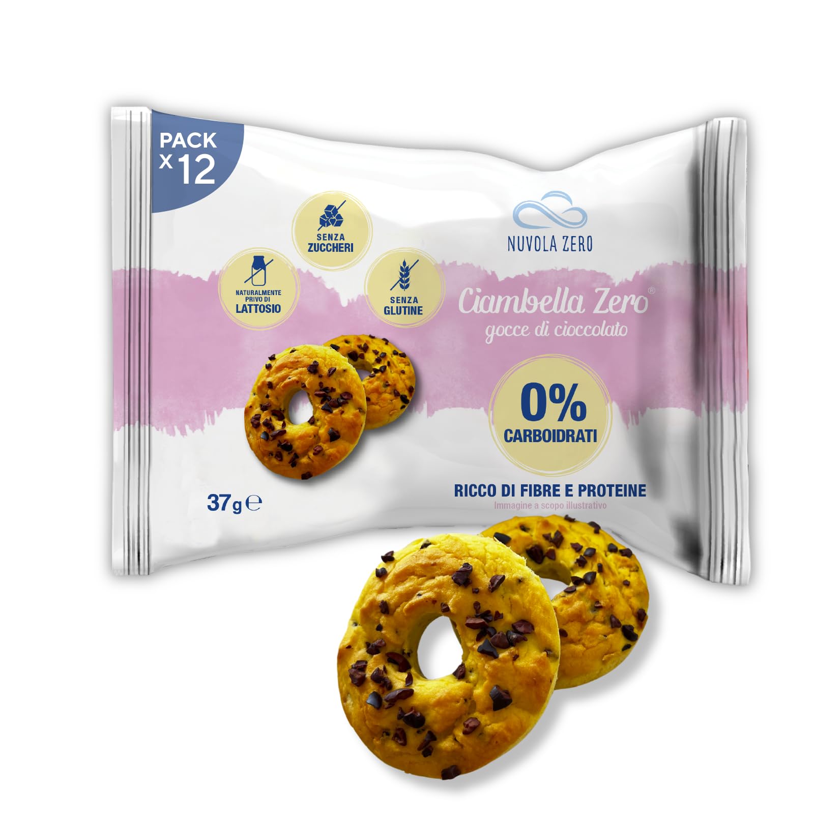 Nuvola Zero - Ciambella Zero, Proteinarme Snacks ohne Zucker, Gluten- und Laktosefrei, ohne Kohlenhydrate, mit Schokolade Stückchen,12er Packung. Made in Italy.