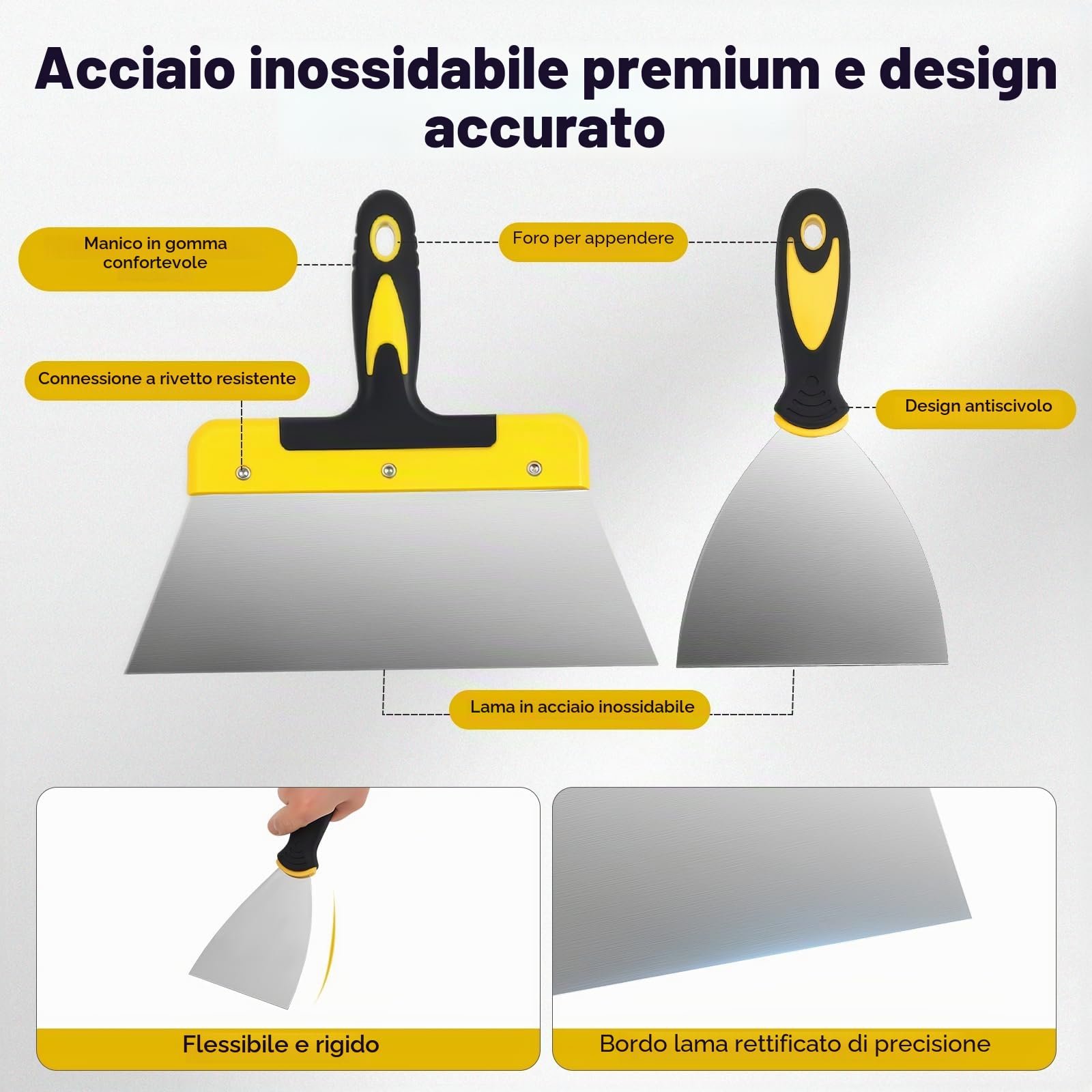Set di spatole da 12 pezzi, in acciaio inox, 350-25 mm, con manico in plastica per cartongesso, intonacatura, rimozione della carta da parati con spatola in acciaio inox