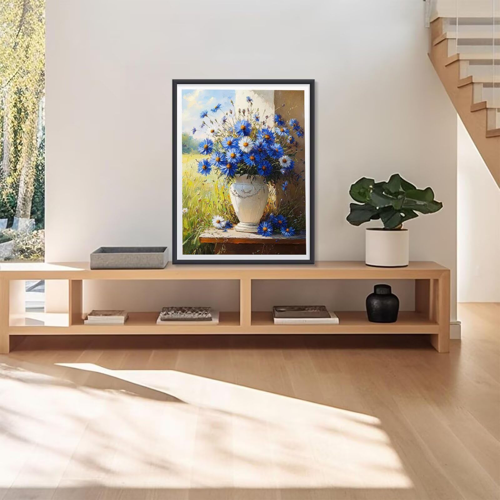 Zestaw do malowania diamentowego z niebieskimi kwiatami, 5D, dla dorosłych i dzieci, 60 x 80 cm, białe kwiaty, "zrób to sam", do samodzielnego wykonania, haft krzyżykowy, nadaje się jako prezent na