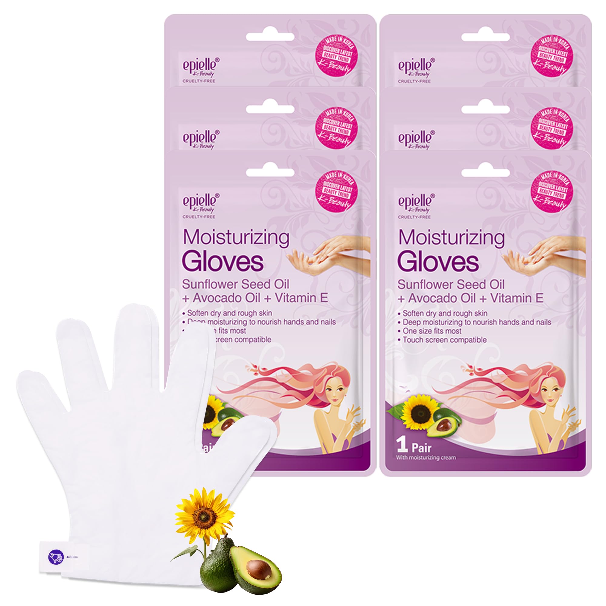 Epielle Moisturizing Hand Masks 6 Pairs, Deep Moisturizing Gloves for Dry, Cracked Hands, Relieve and Soften with Sunflower Seed Oil & Avocado Oil, Korean Skin Care, Spa Set, Self Care Gifts for Women