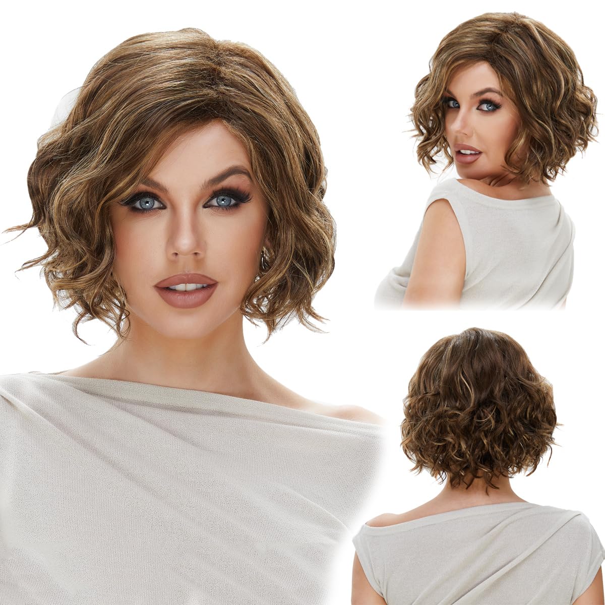R REEWES FASHION HAIR Short Ombre Brown Wavy Wig Stylish Shoulder Length Blonde Highlight Wigs for Women, Perfect for Daily Wear and Parties