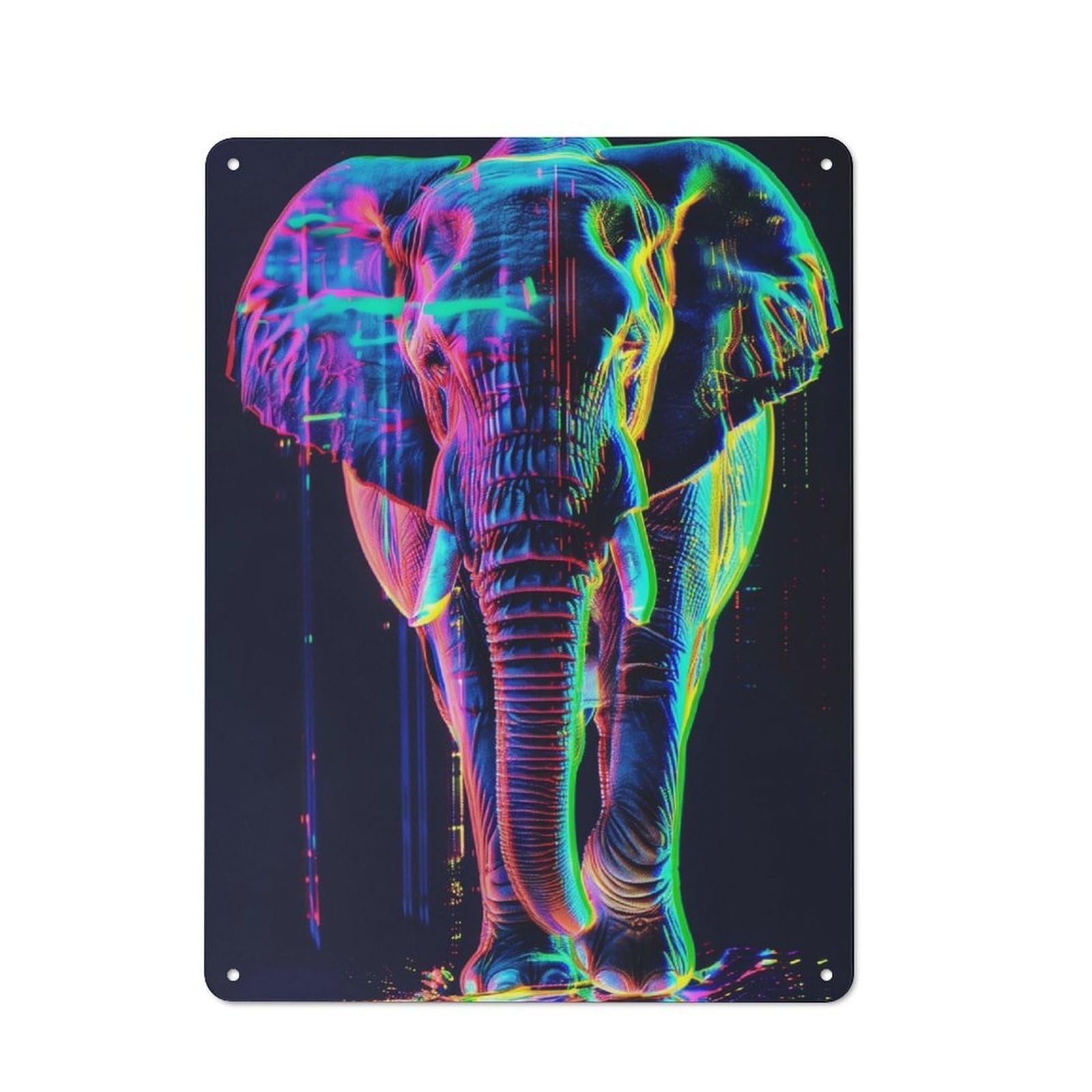Junmoney Neon Glitch Elephant Rustic Metal Plaque 40X30cm For Guest Room Or Hallway, For Home Interiors, Feature Walls And Decorative Displays