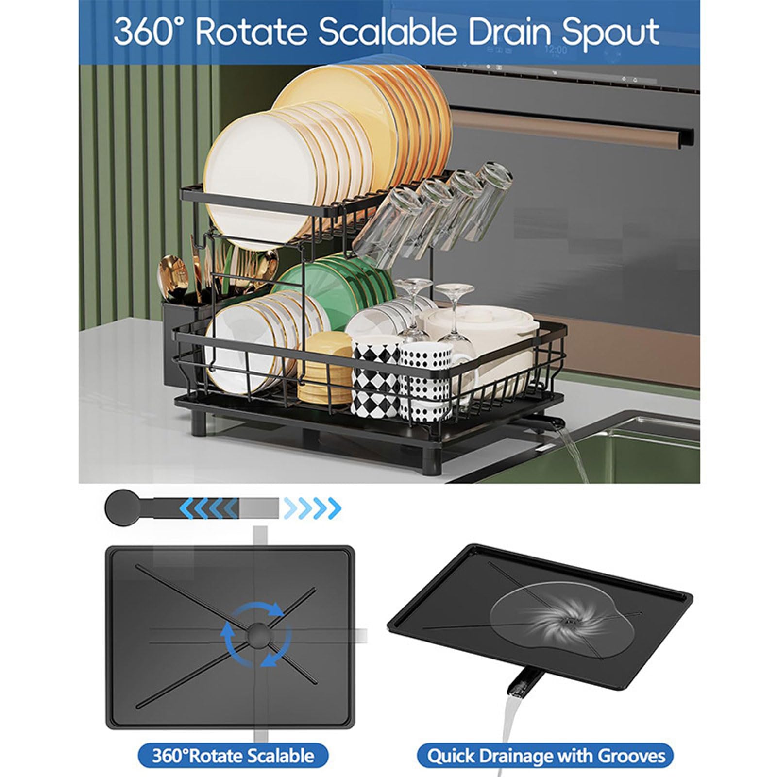 Escurridor de Platos 2 Niveles Ahorra Espacio Escurridor de Platos para Fregadero con Soporte para Utensilios,Portavasos Boquilla Giratoria 360°Escurreplatos para Encimera de Cocina