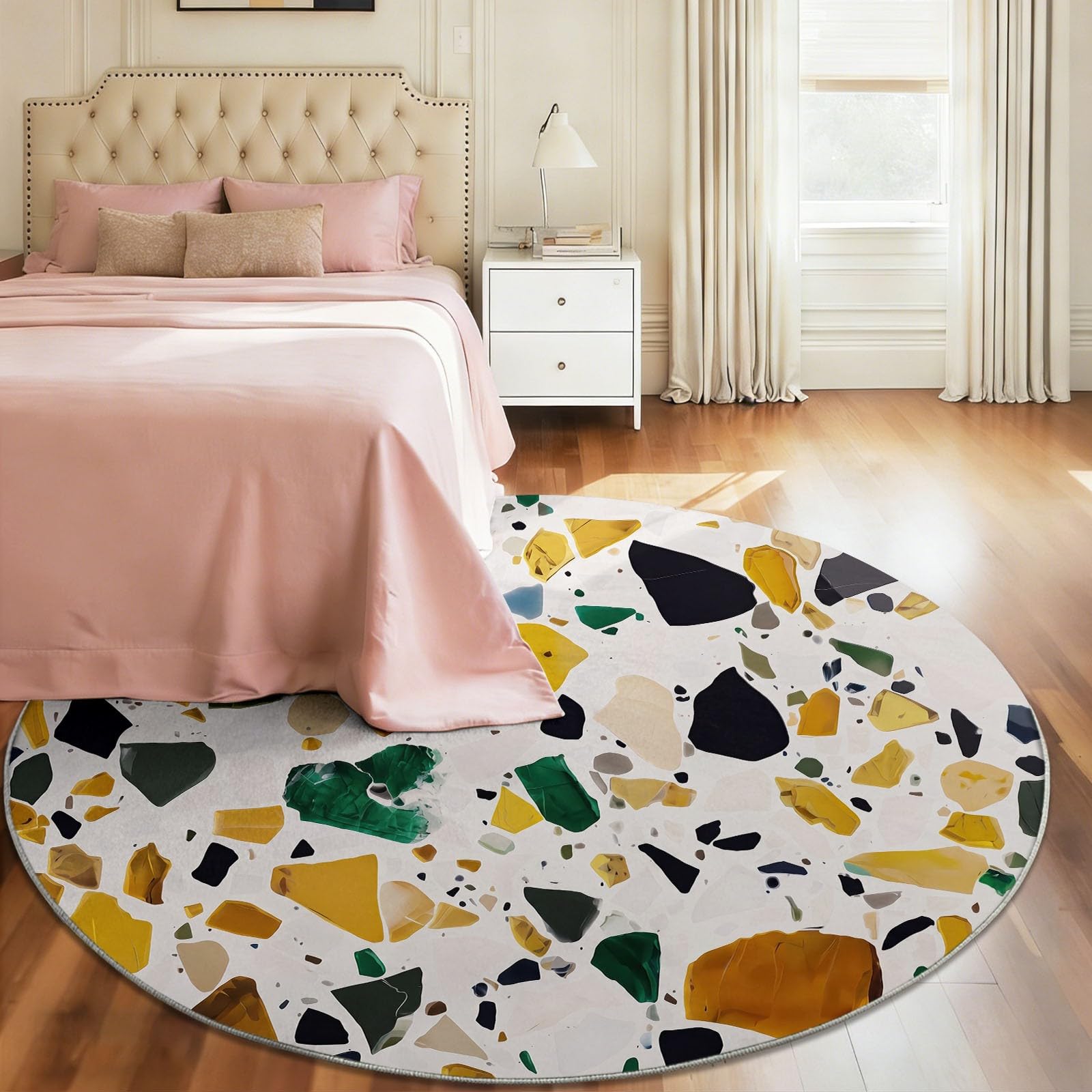 Générique Tappeto rotondo in marmo astratto 160 cm, tappeto lavabile in lavatrice per soggiorno, antiscivolo, stampa frammenti di terrazzo minimalisti moderni per cucina, bianco dorato