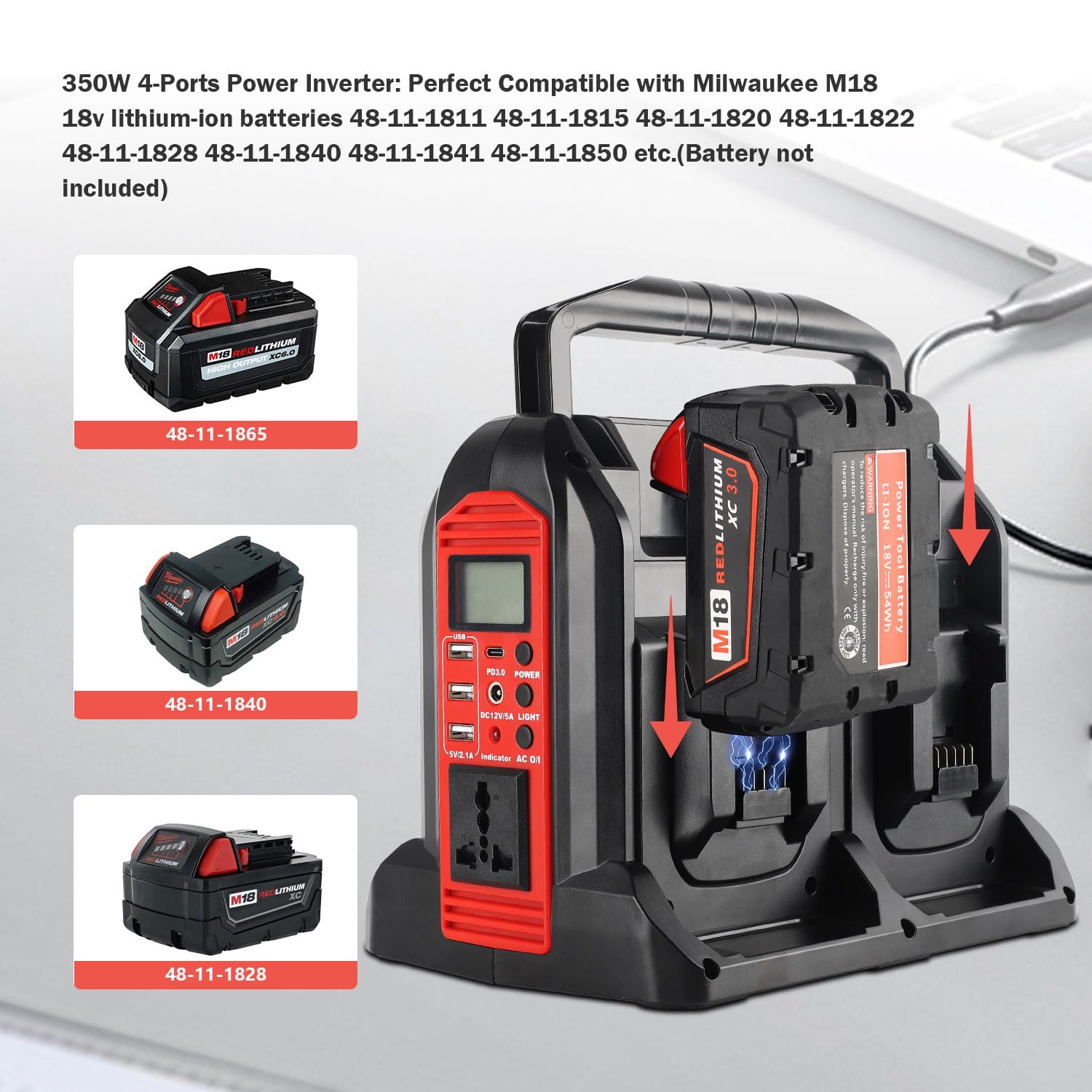 Milwaukee M18 18V Power Inverter - 350W Pure Sine Wave 4-Port 20V to 120V with LED Light, 1 USB-C, 3 USB-A, 1 DC Port for Outdoor Camping