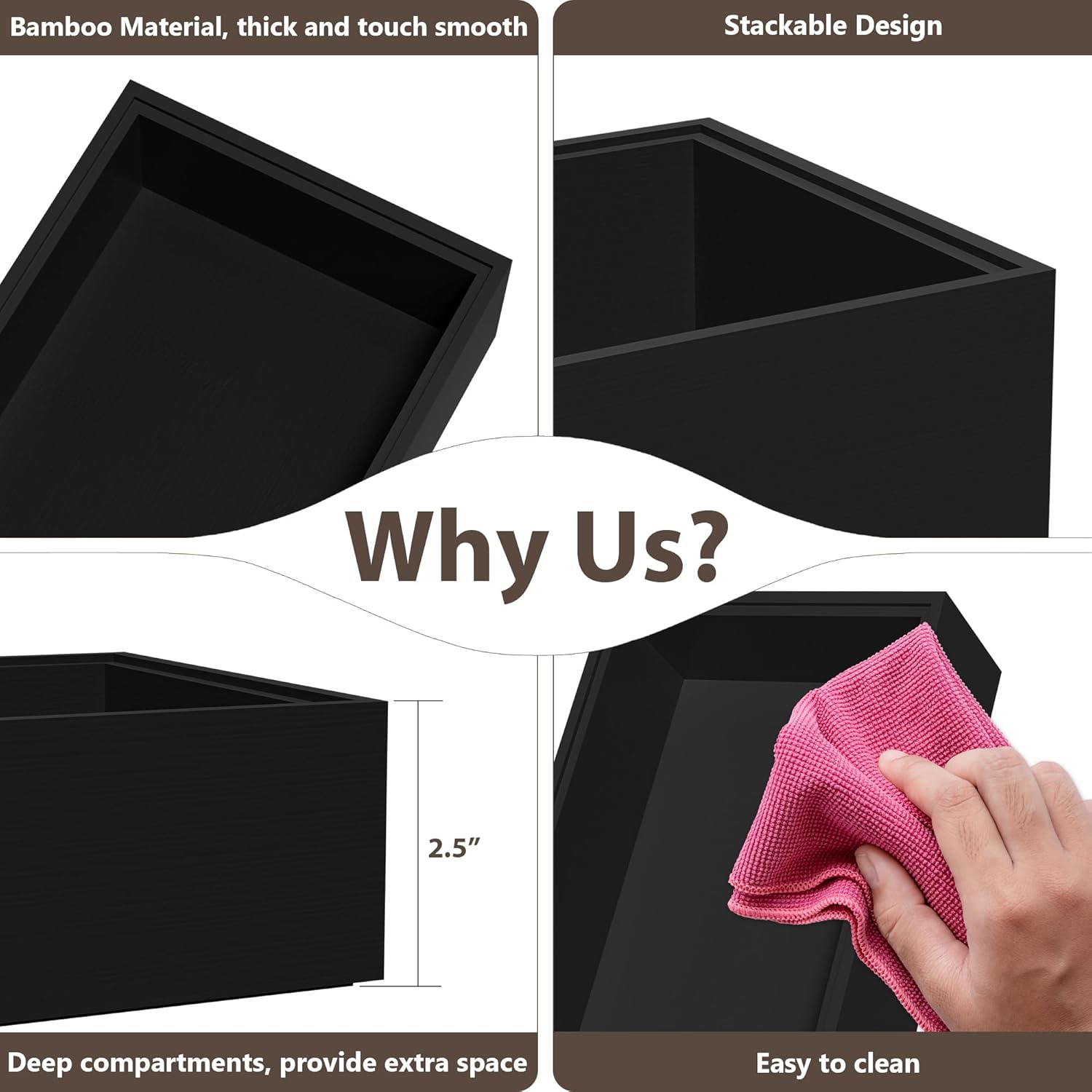 Kitchen Drawer Organizer Tray, Stackable Black Bamboo Drawer Organizer for Large Silverware, Utensils, Cutlery, Flatware, Junk, Dresser, Bathroom, 17" x 6" x 2.5" (Set of 2)