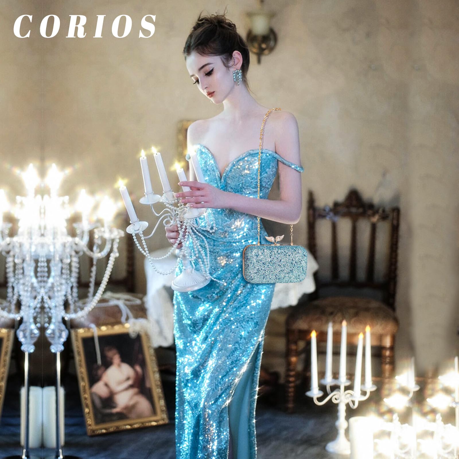 CORIOS Borsetta da Sera con Perle Donna Paillettes Clutch Pochette Piccolo con Catena Lusso Strass a Spalla Scintillante Sposa Elegante per Cocktail Festa Party Tracolla Blu
