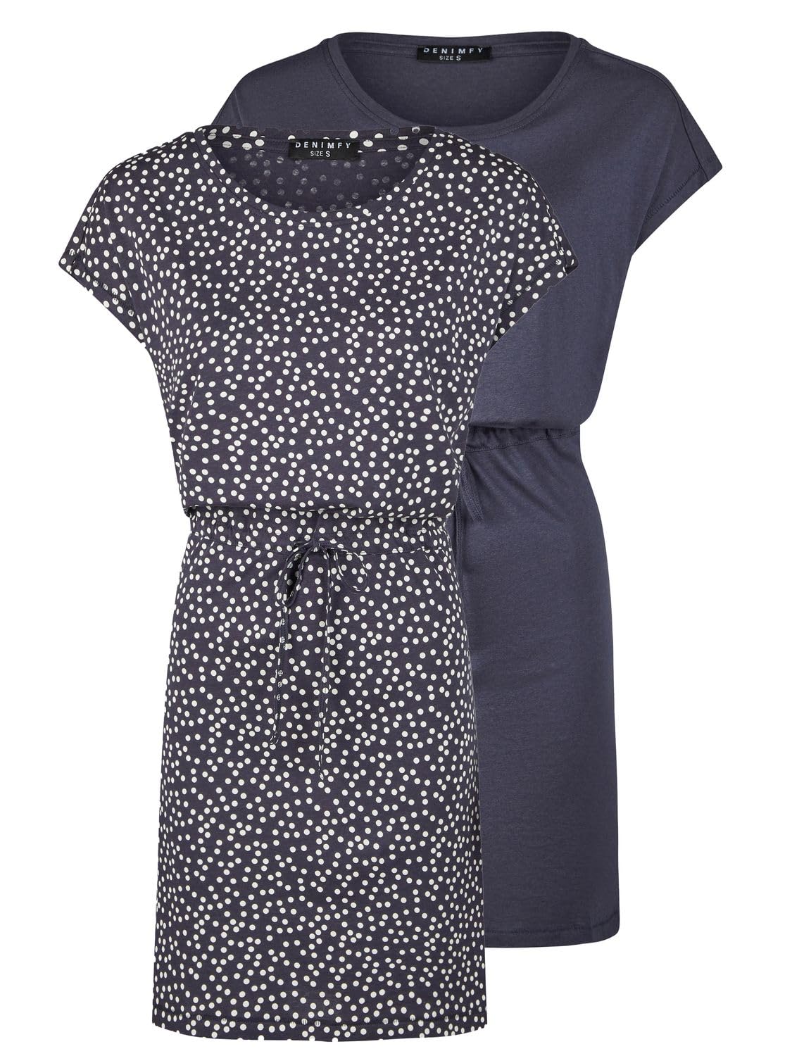 DENIMFY Sommerkleid Damen 2er Set Pack DFBella Kurzarm Rundhals Kleid | Strandkleid Midikleid Sommer Muster Einfarbig Schwarz Blau Grün S M L XL XXL