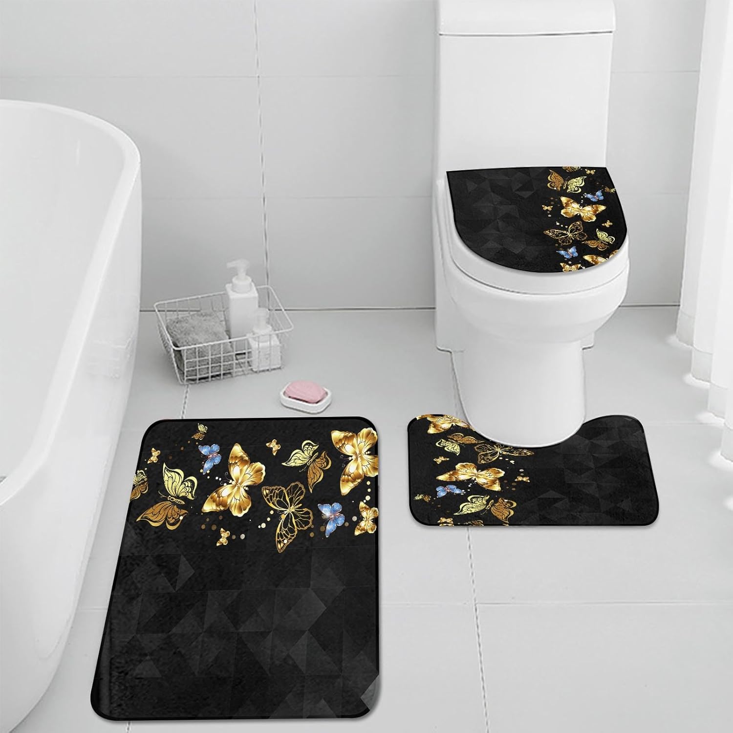 Pamnest 4 Pcs Shower Curtain Sets, Gold Blue Butterfly Moth Black Waterproof Bathroom Sets with Non-Slip Rugs, Toilet Lid Cover and Bath Mat, 12 Hooks, Accessories Home Bathroom Decor 72" X 72"