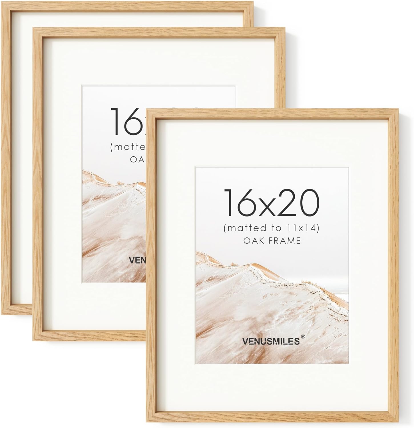 16 x 20 Picture Frame Set of 3, USA-Sourced Natural Oak Wood Photo Collage Frame with HD Tempered Glass, Modern Simple 16x20 Wooden Frame Matted to 11x14, Vertical & Horizontal Wall Hanging Display USA-Sourced Oak Wood 16X20, 3P