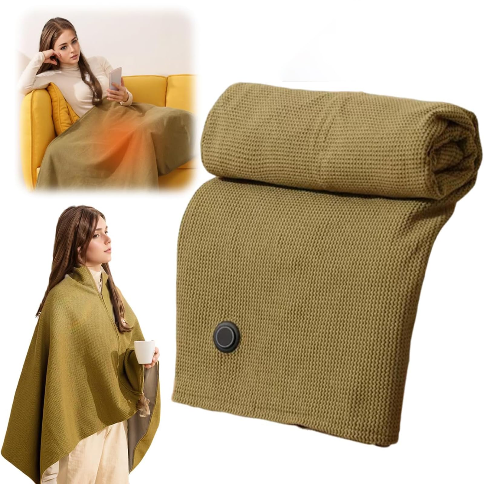 WMZNNGX Portable USB Heating Blanket Shawl,Women's Heating Shawl, Outdoor Wearable Wireless Electric Blanket,3 Levels Heat,USB Heating Blanket Shawl (Green)