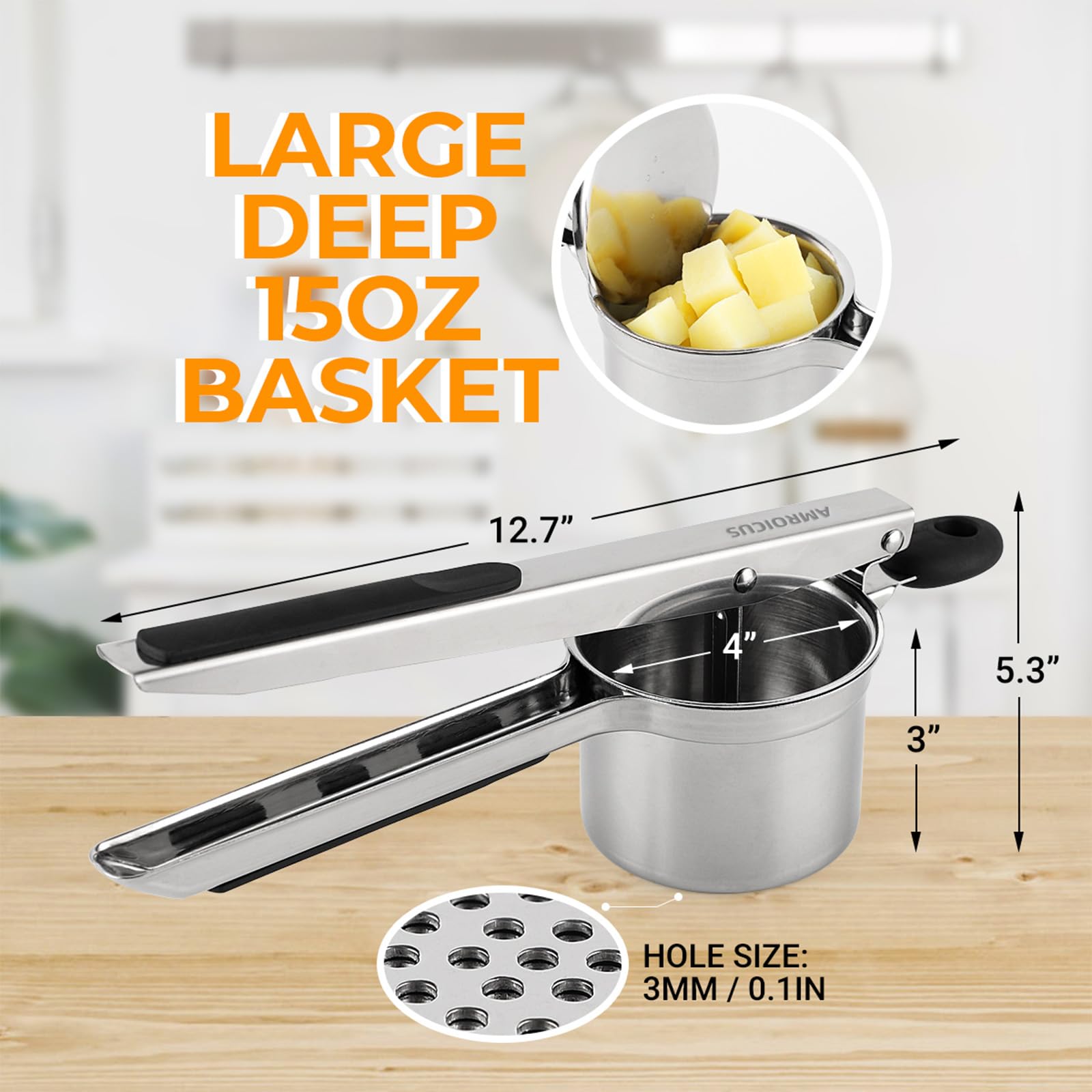 Schiacciapatate in acciaio inox, grande schiacciapatate da 425,2 g, utensile da cucina per schiacciare patate perfette, schiacciapatate e purè da cucina, per spaetzle per noodle