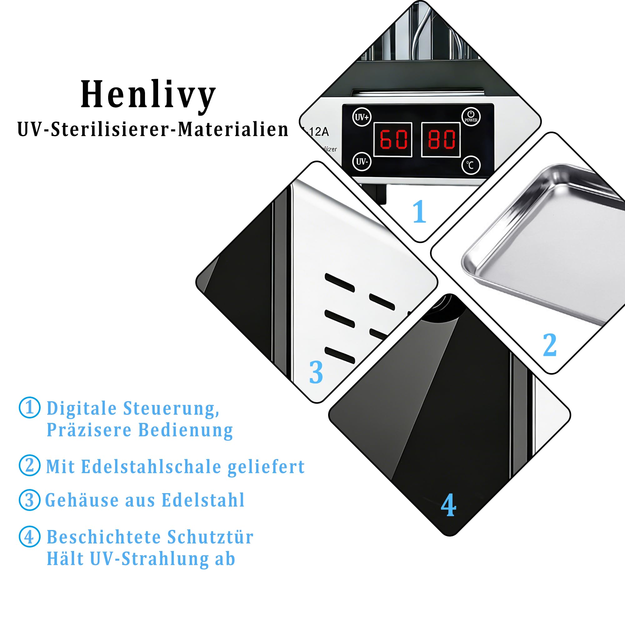 UV-C Nagelstudio Sterilisator & Trockner, UV-C 254nm + Heißlufttrocknung 45-80°C, 0-60Min Digital Timer, Edelstahl Desinfektionsschrank für Nagelzubehör, Friseur, Kosmetikstudio