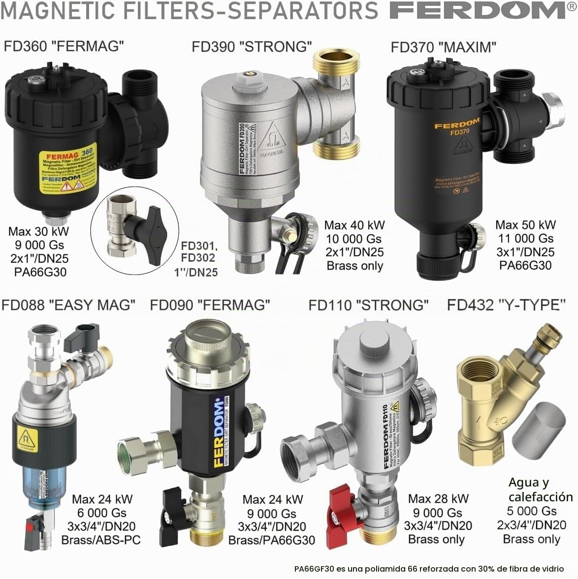 FERDOM FD372 MAXIM 1" (DN25) Filtro Magnético/Hidrociclón 11000Gs Para Sistemas de Calefacción. Separador de Partículas No Magnético-Acero Inoxidable 1000µm. Max.50kW. 3 Conexiones/360°+2 Válvulas 1"