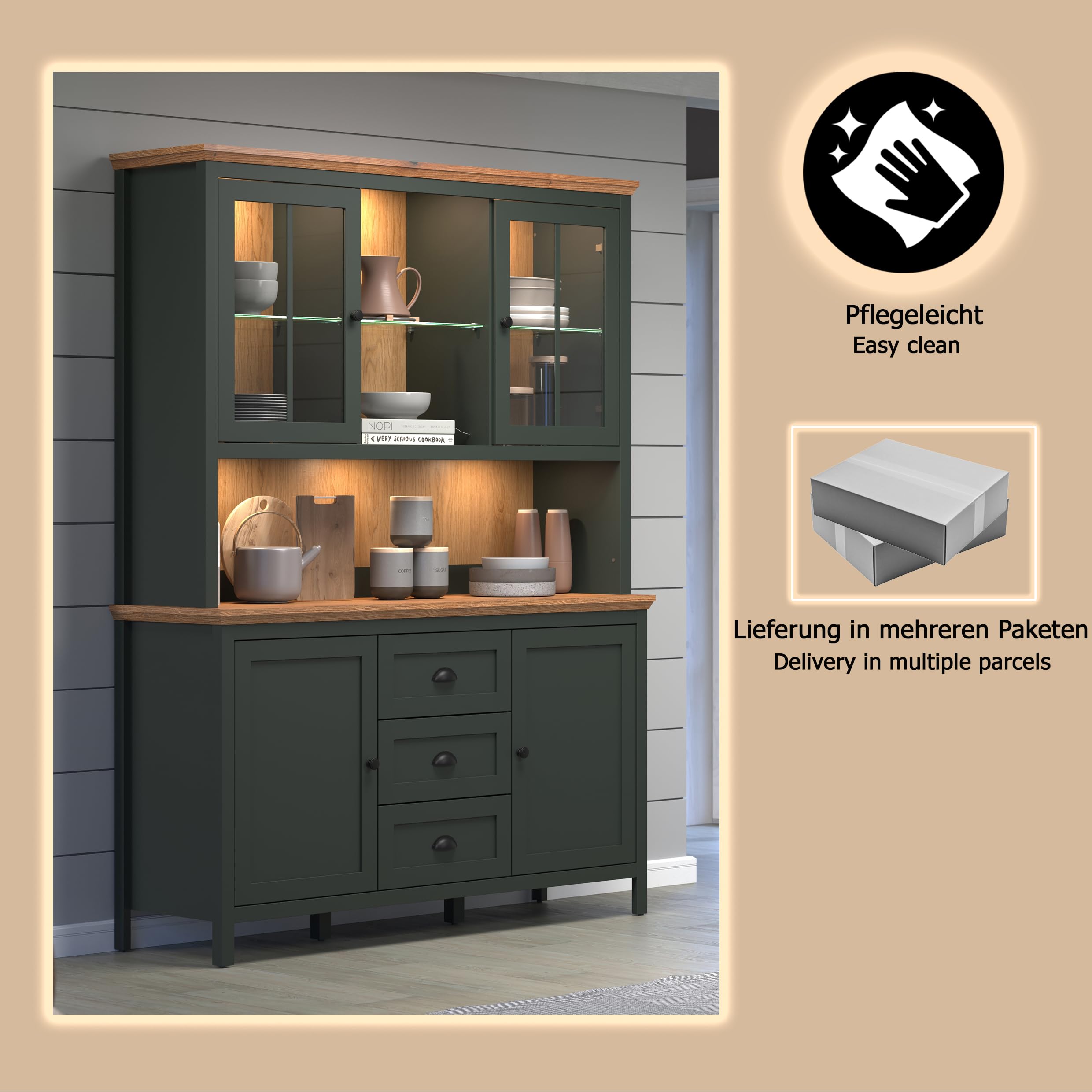 trendteam smart living - Stanton - Buffetschrank - Tannengrün/Evoke Eiche - Vitrine inklusive Beleuchtung mit 4 Türen, 3 Schubladen (BxHxT) 146 x 198 x 45 cm - Landhausstil