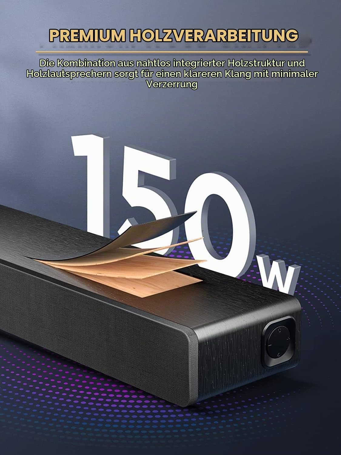 MEREDO Soundbar 2.1 Holz für TV Geräte 150W mit integriertem Subwoofer mit ARC Kable, Optisch, AUX, BT 5.0 5 EQ-Modi Lautsprecher Soundsystem für Fernseher für Heimkino-71cm