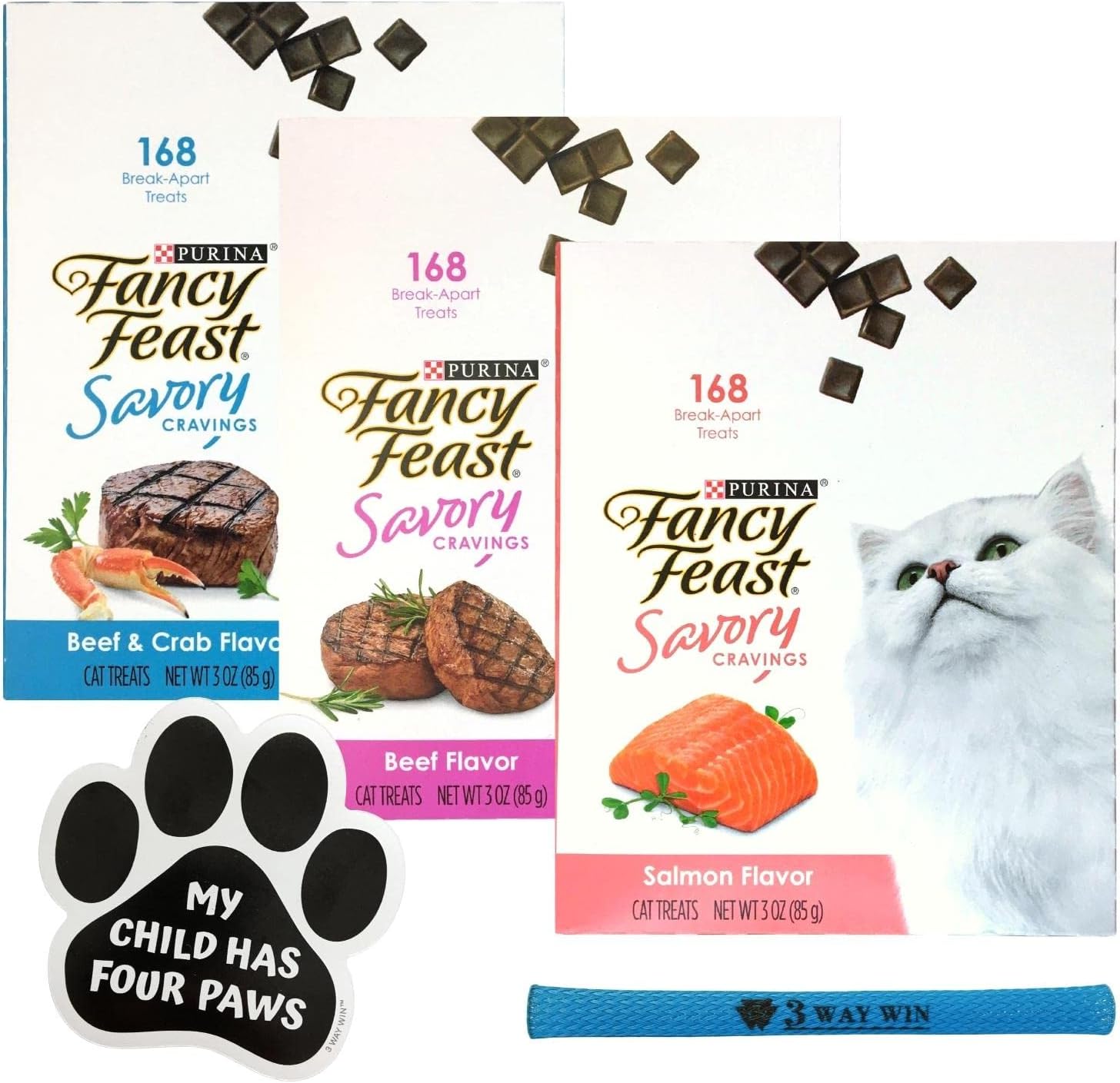 Fancy Feast Treats for Cats Bundle | 3 Flavor Variety, (1) Each: Beef, Salmon, Beef & Crab (168 Treats) | Plus Mesh Kitty Toy and Car…
