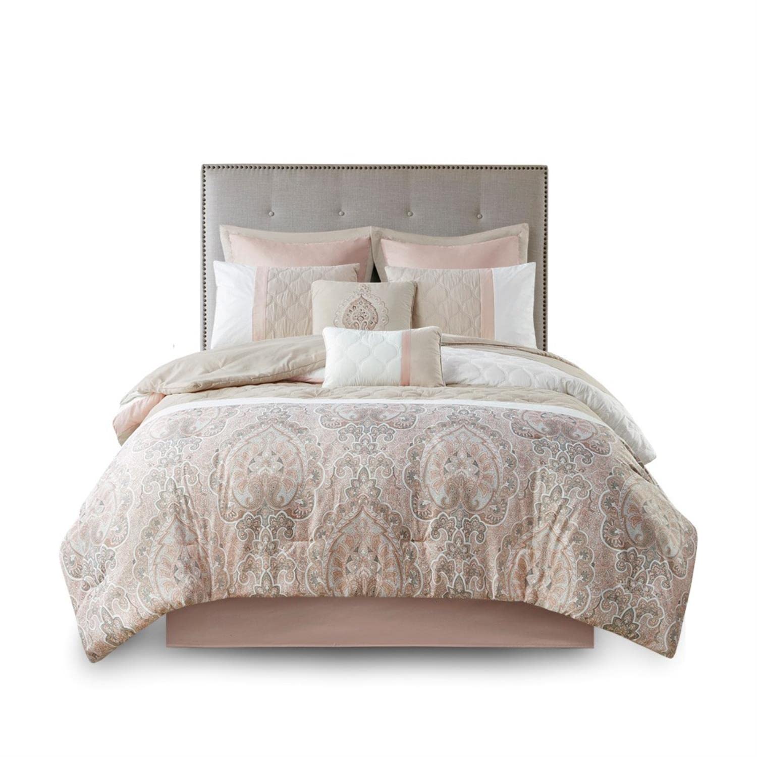 510 DESIGN Luxe Quilted Comforter Set Modern Transitional Design, All Season Down Alternative Warm Bedding Matching Shams, Bedskirt, Decorative Pillow, Queen, Shawnee Scrollwork Blush