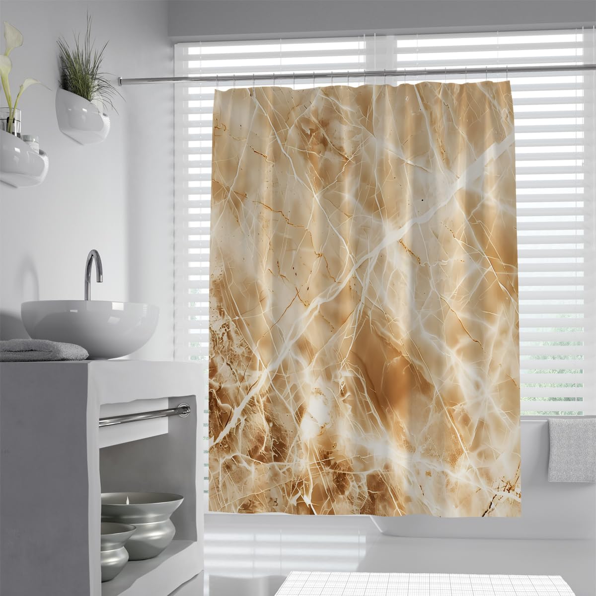 Neutraler Erdton-Duschvorhang mit Marmortextur Badevorhang Minimalistischer Karamell-Bernstein-Badezimmerdekoration mit C-förmigen Haken 200 x 220 cm