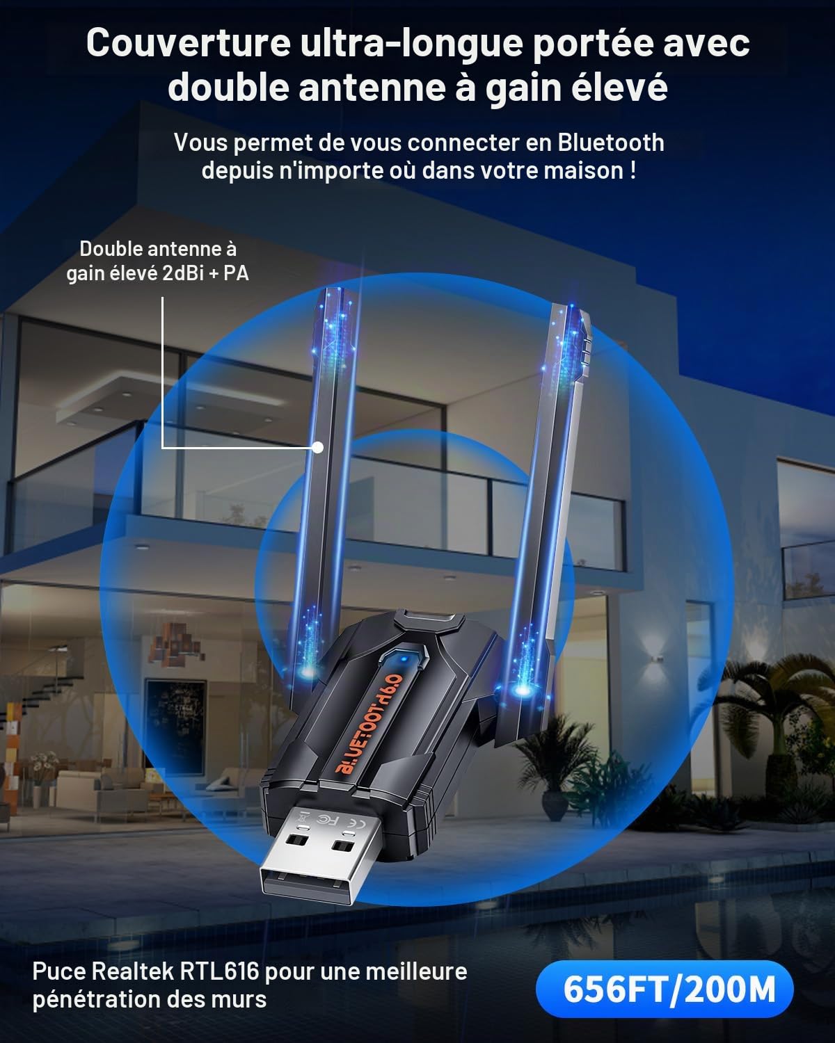 ZEXMTE Adaptateur Bluetooth 6.0 pour PC, double antenne USB, émetteur-récepteur Bluetooth Plug & Play, longue portée de 200 m, puce Realtek RTL616, EDR & BLE, sans pilote pour Windows 11/10/8, noir
