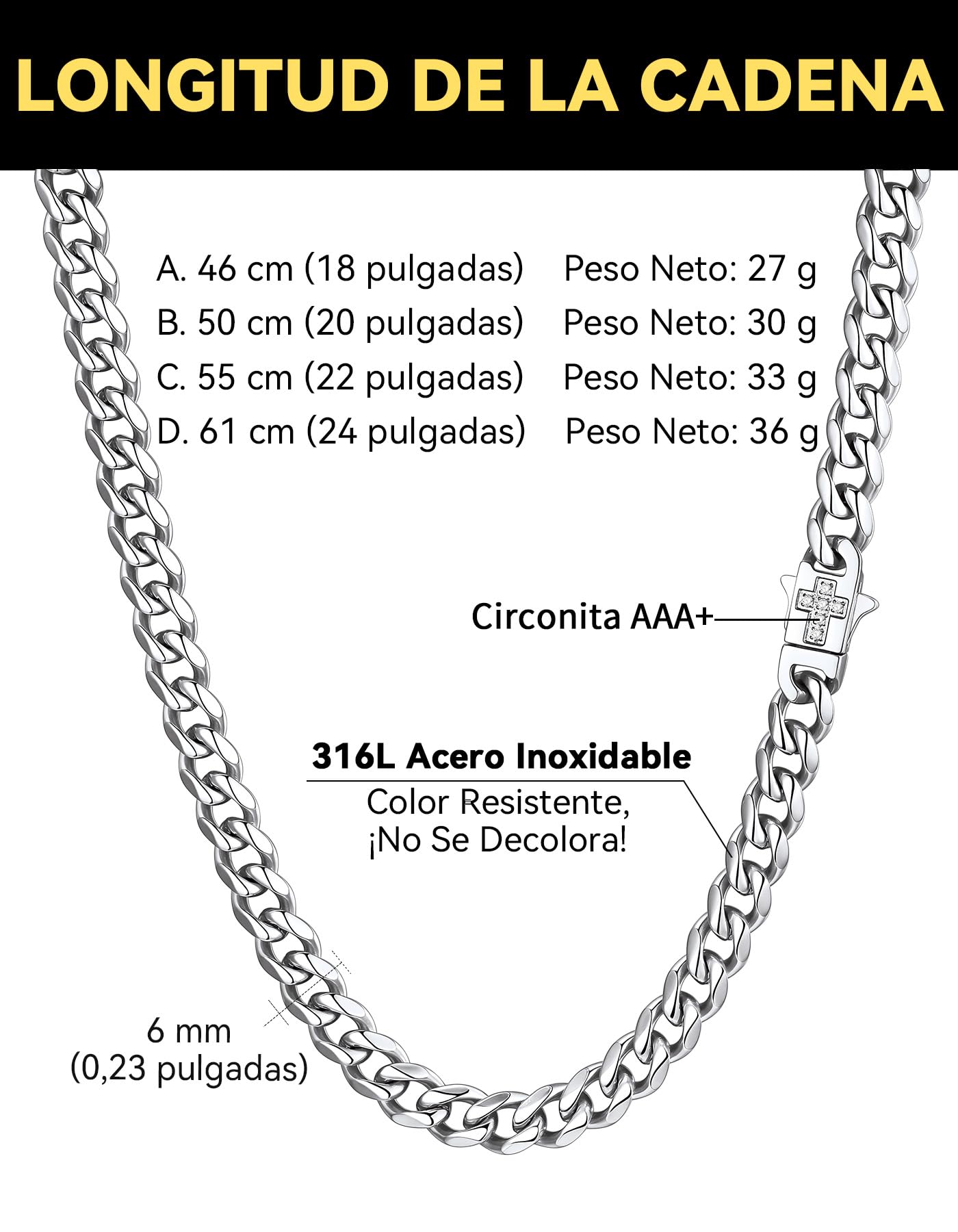 ChainsHouse Collar Colgante Cruz Hombre Cadenas Cubanas Acero Inoxidable Cierre Clip con Crucifijo Impermeable, 46cm -61cm Largo 6mm Ancho, Joyero Incluido