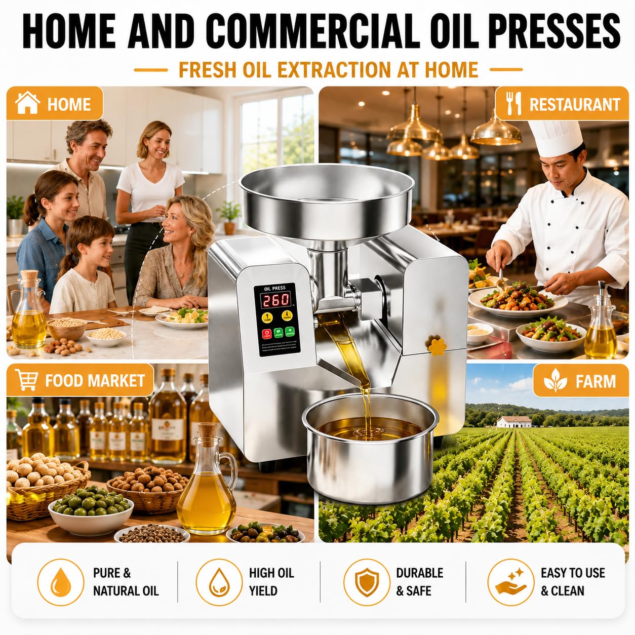 Pressa per Olio Elettrica 1100 W, Macchina per La Spremitura Dell'olio | Per Semi Di Sesamo, Girasole E Arachidi, Temperatura Di Esercizio: 40-300 °c, Funzionamento Continuo 24 Ore Su 24
