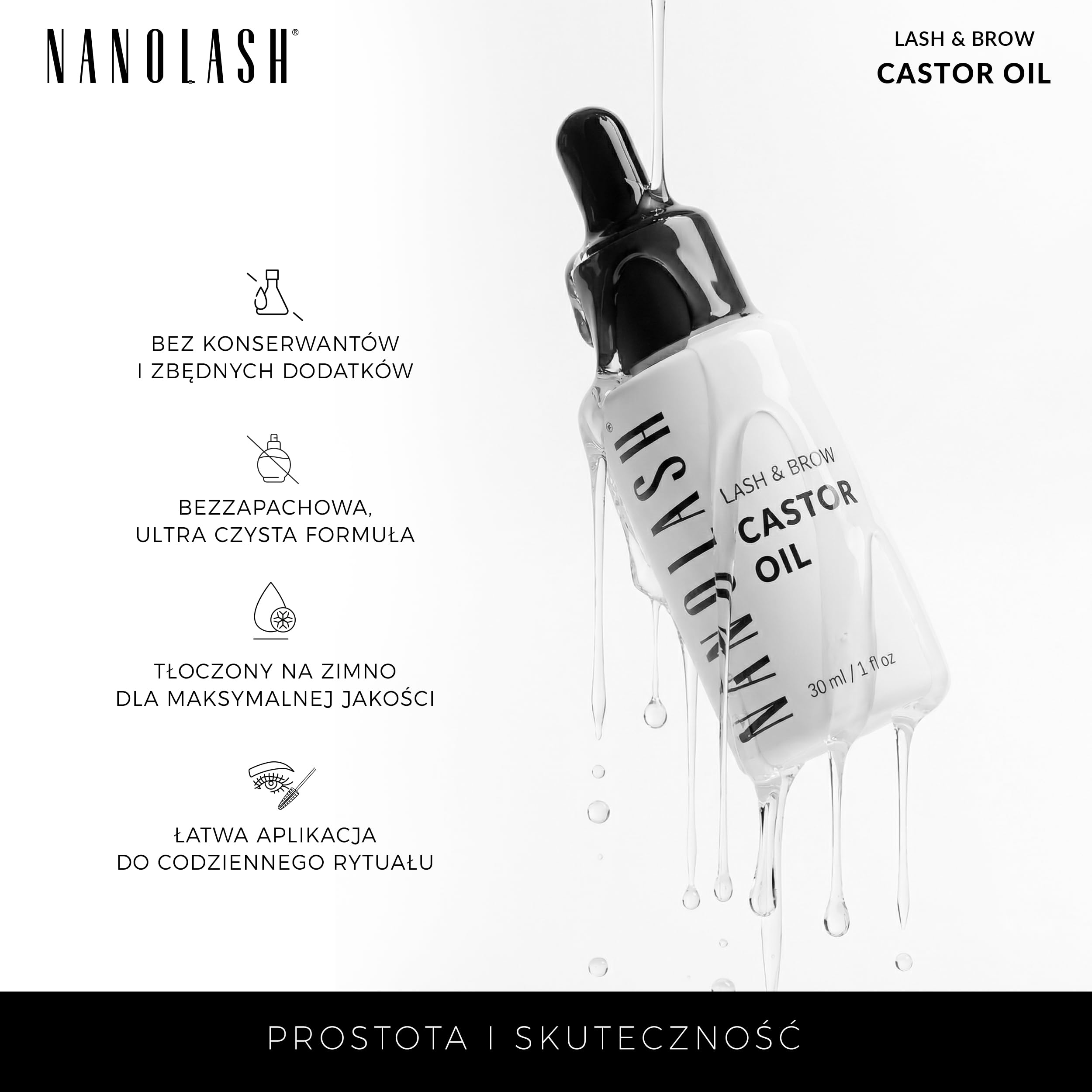 Olejek rycynowy Nanolash 30 ml - 100% naturalny, zimnotłoczony i nierafinowany olejek do rzęs i brwi, przyśpiesza wzrost rzęs, olej rycynowy z aplikatorem