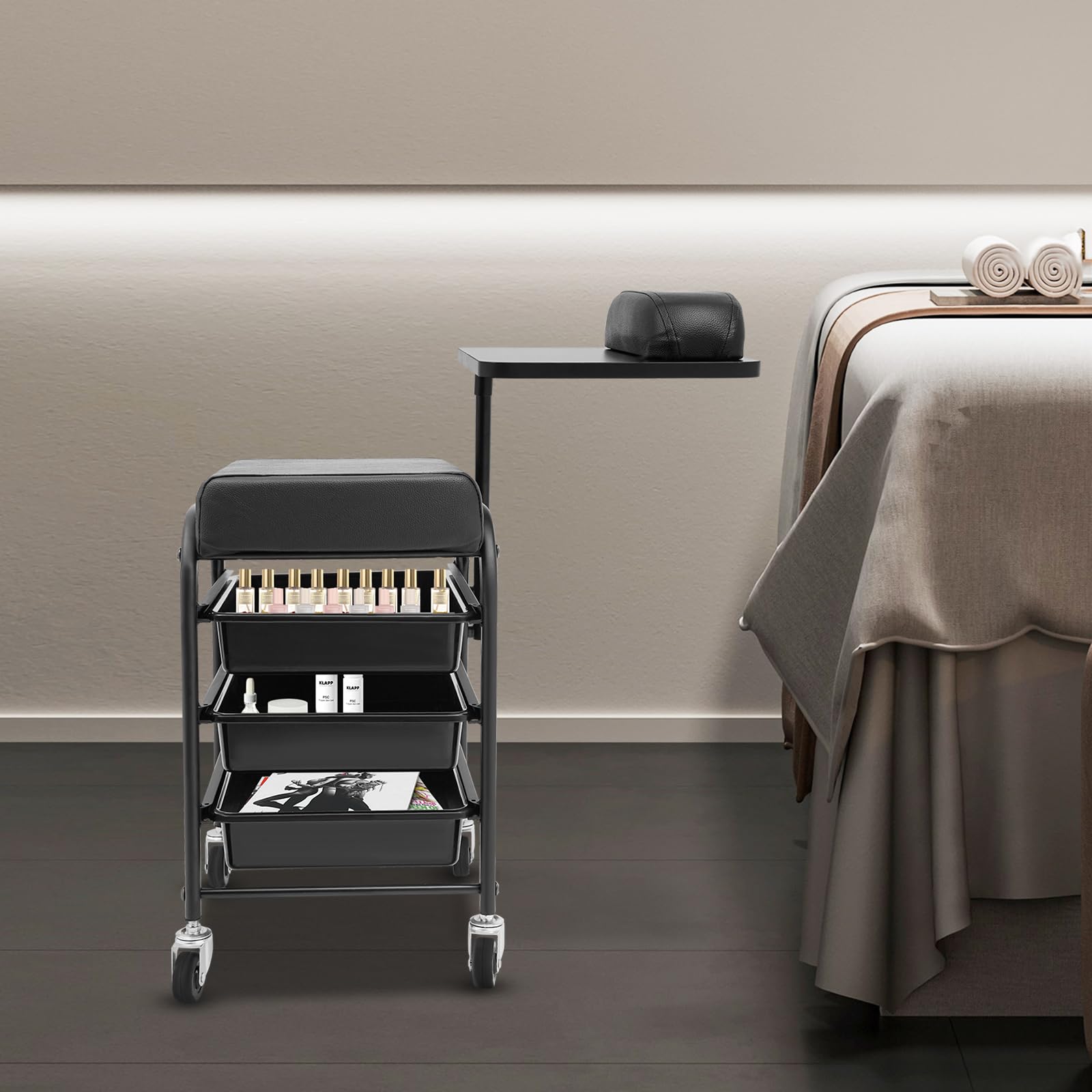 Chariot de spa portable pour bain de pieds avec 3 tiroirs, 4 roues universelles et plateau rotatif