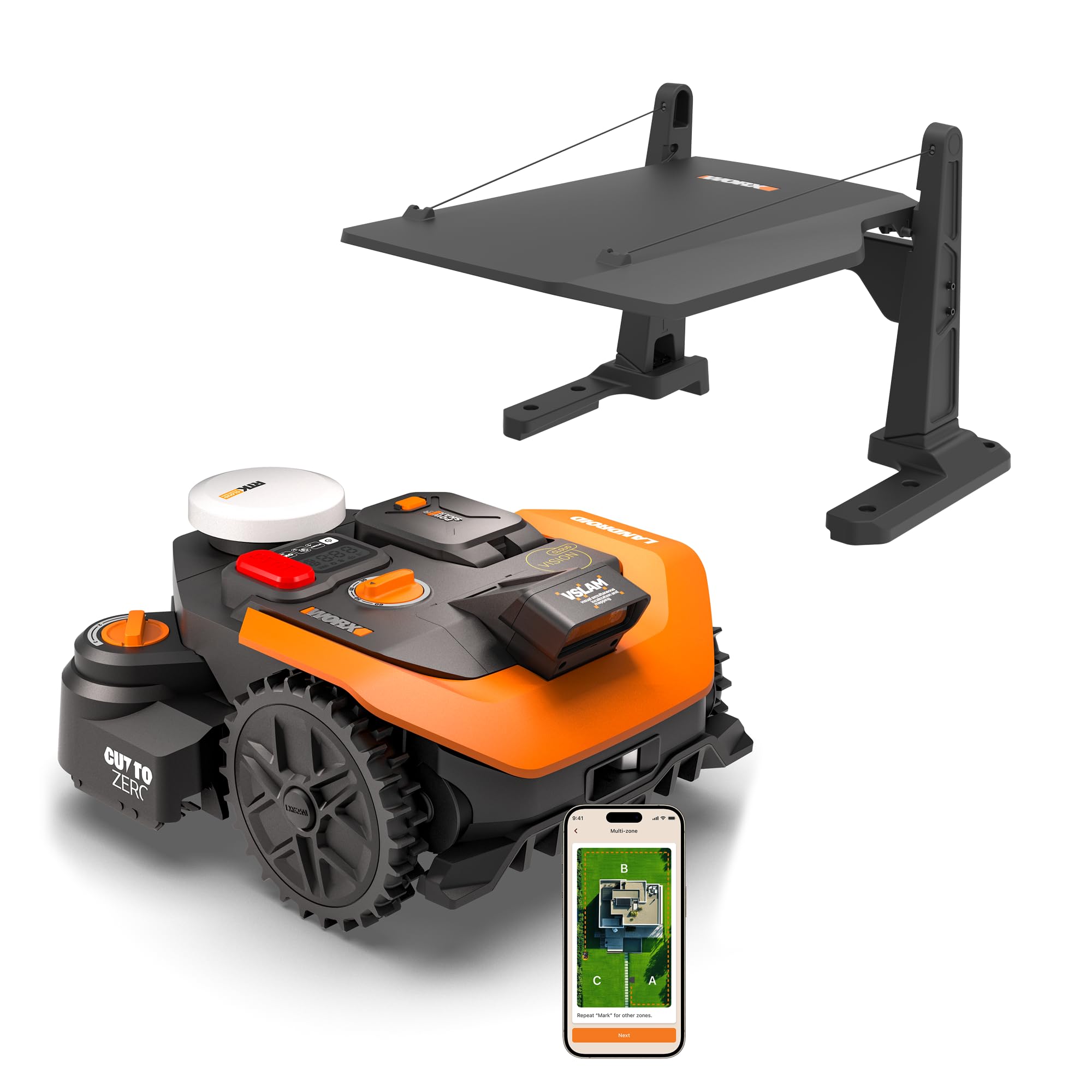 WORX Vision Cloud 2WD WR308E Robot Tondeuse 800 m² sans Fil périphérique + Garage (évitement d'obstacles par IA, Navigation VSLAM + RTK, cartographie Auto, contrôle Via Application, Cut-to-Zero)