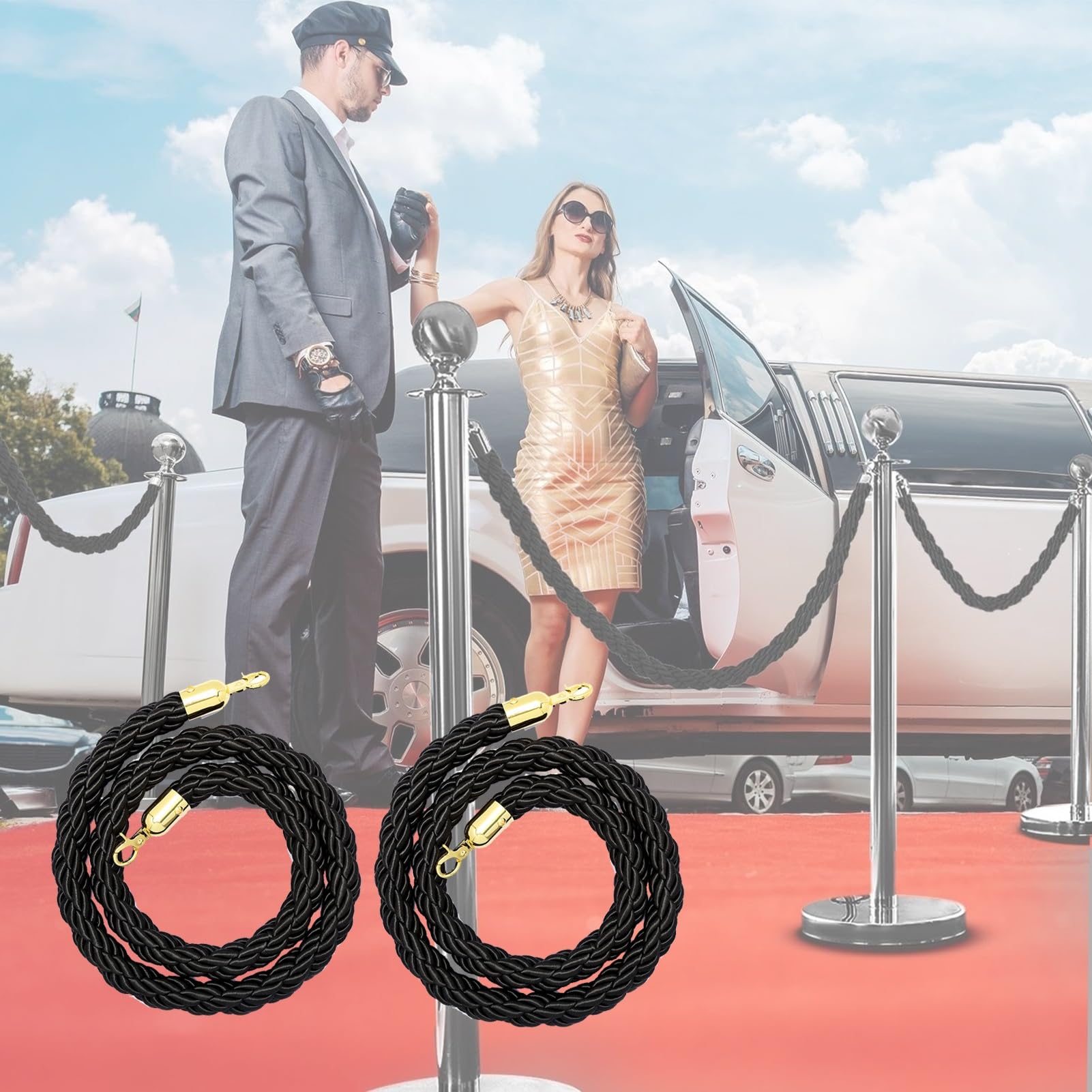 Corde noire de 12 m, barrière de contrôle de la foule avec crochets argentés, cordon de support durable pour poteaux, idéal pour les événements et la sécurité, options de longueur polyvalentes