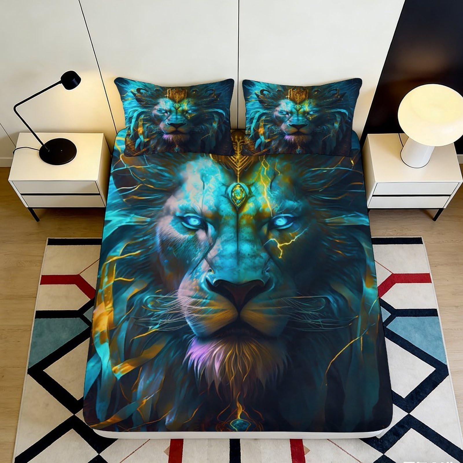 3D Printed Blue Lion Fitted Sheet Microfiber Soft Anti-Slip Lightning King Bed Cover for Bedroom Dorm Decor 200x200x25cm