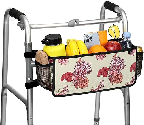 Wiicare Cesta para andador plegable, cesta para andadores para personas mayores con soporte para tazas, bolsa plegable para andar, accesorios para