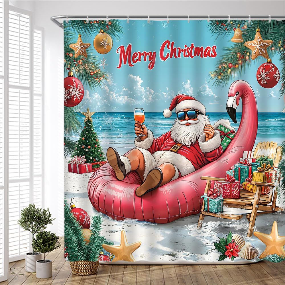 Funny Santa Claus Shower Curtain Beach Palm Christmas Tree Ball Tropical Ocean Seaside Winter Holiday Bathroom Polyester Fabric Curtains with Hooks 90Wx70H Inch