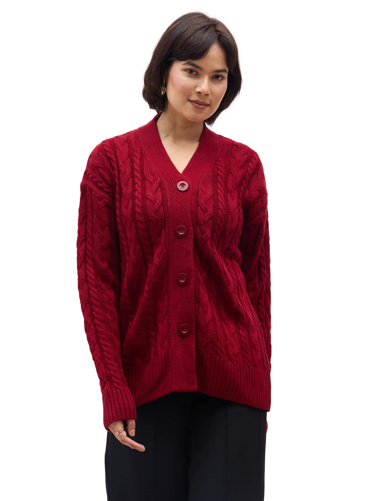 Tabitha Women's Maroon Cable Knit Sweater | V-Neck, Button-Down Opening, Full Sleeves | Warm Acrylic Blend | Semi-Formal Wear-image-10