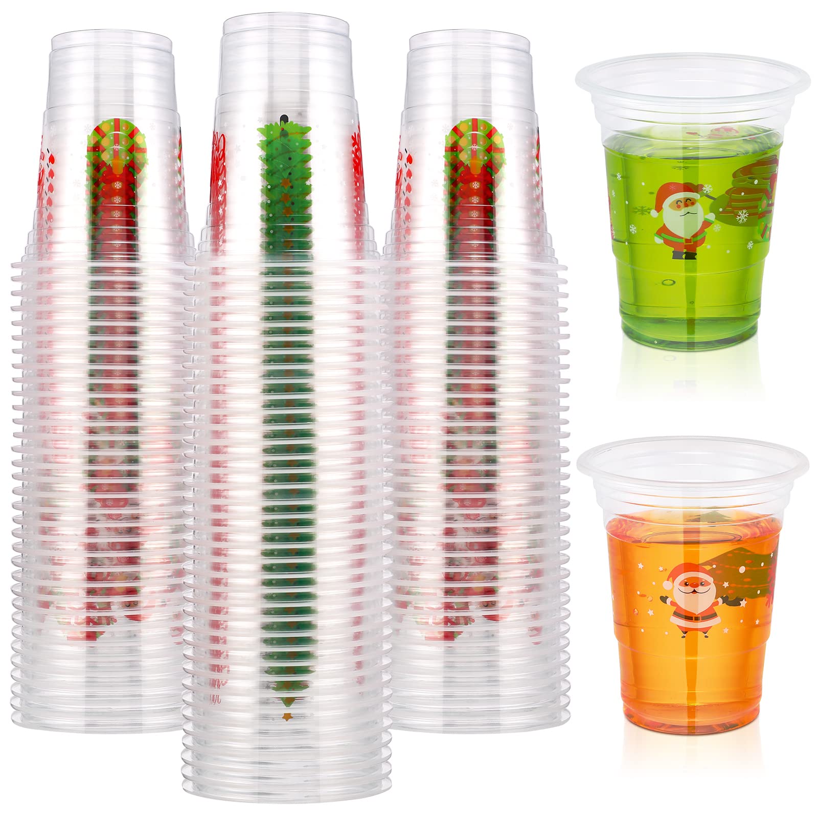 100 Pack Christmas Plastic Party Cups Christmas Disposable Cups 12 oz Plastic Cups Santa Snowman Christmas Tree Holiday Party Cup Christmas Party Supplies for Beverage Ice Cream Snacks