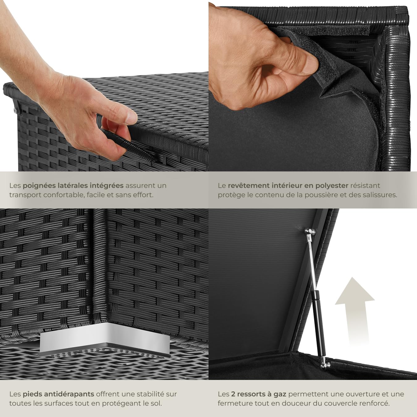 tectake® Coffre de jardin Exterieur, Coffre à Coussins 750 L en Aluminium Polyrotin 145 x 82,5 x 79,5 cm, Couvercle Rabattable, Poignées pour Rangement des Outils de Jardin, Jouets - 5