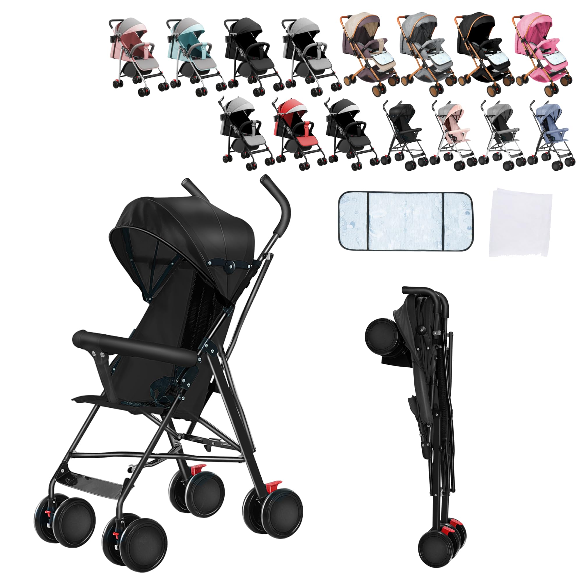 Cochecito con alfombra refrescante y mosquitera, cochecito de bebé plegable para bebé y niño, cochecito de bebé hasta 25 kg (negro, solo en modo sentado)