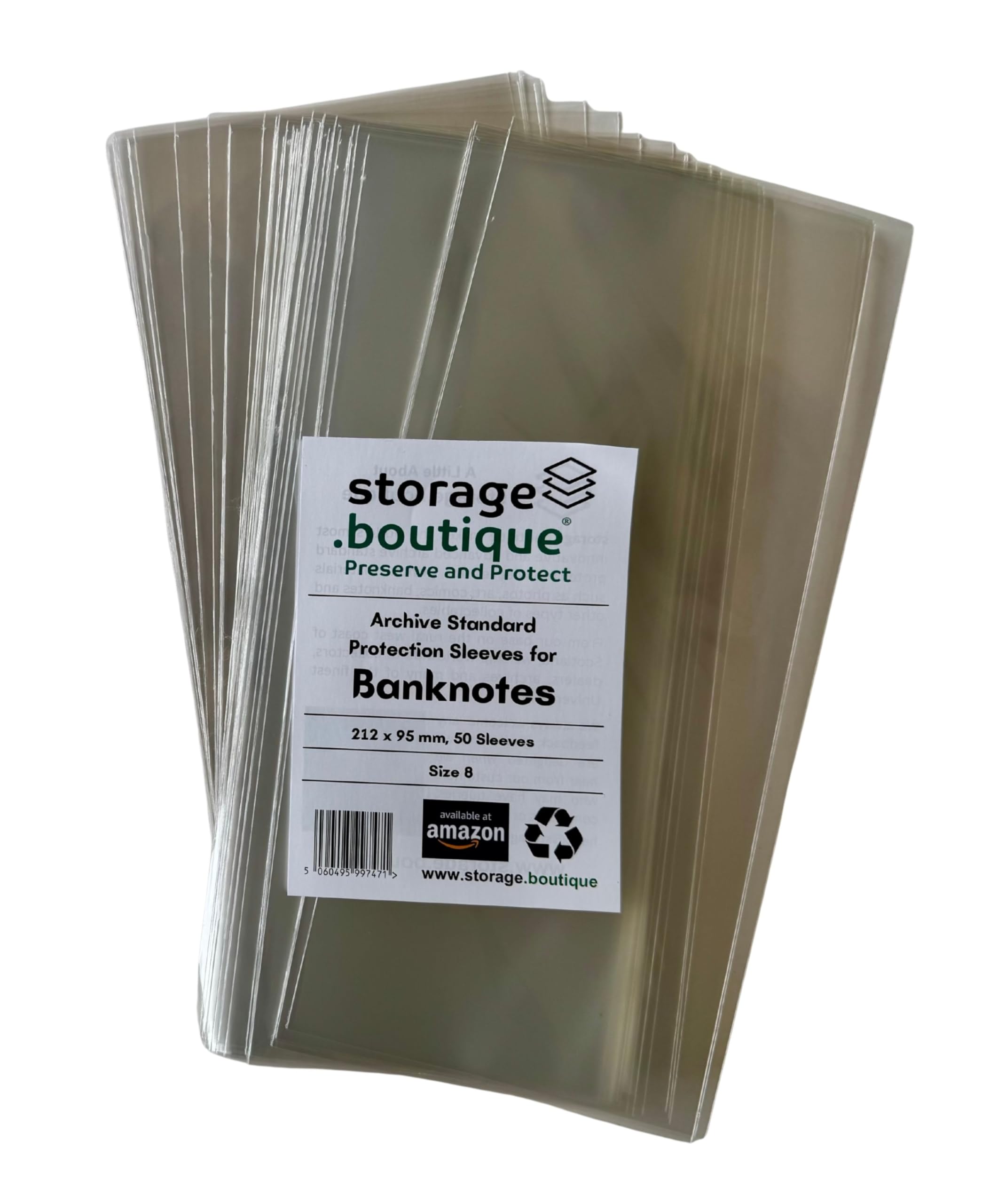 storage.boutique BANKNOTE Protection Sleeves, Archive Standard, Acid Free, Size 8, 212 x 95 mm, 50