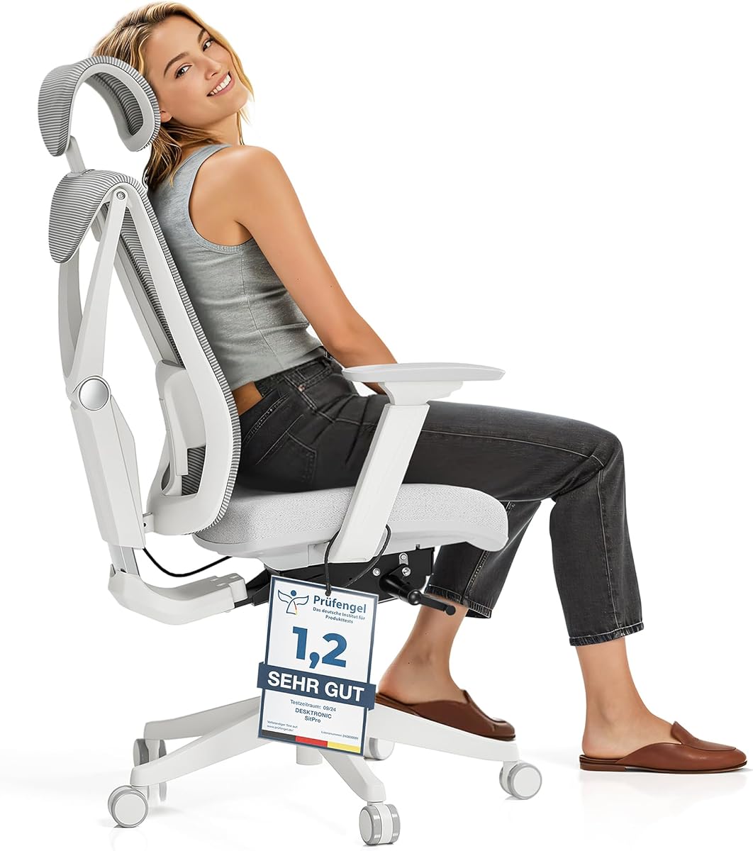 Desktronic Verstellbarer ergonomischer Bürostuhl | Schreibtischstuhl mit Lendenwirbelstütze - rückenfreundlich- Computerstuhl höhenverstellbar & rückenschonend - breites Polster SitPro (Grau)