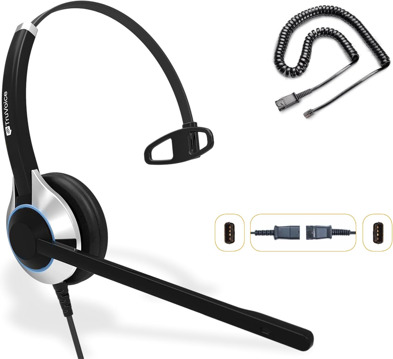 TruVoice HD-500 Office and Call Center Wired QD Headset with Noise Canceling Microphone and HD Speakers – Compatible with Mitel, Nortel, Avaya, Poly, Polycom, Shoretel, Digium, ESI, Fanvil Desk Phones